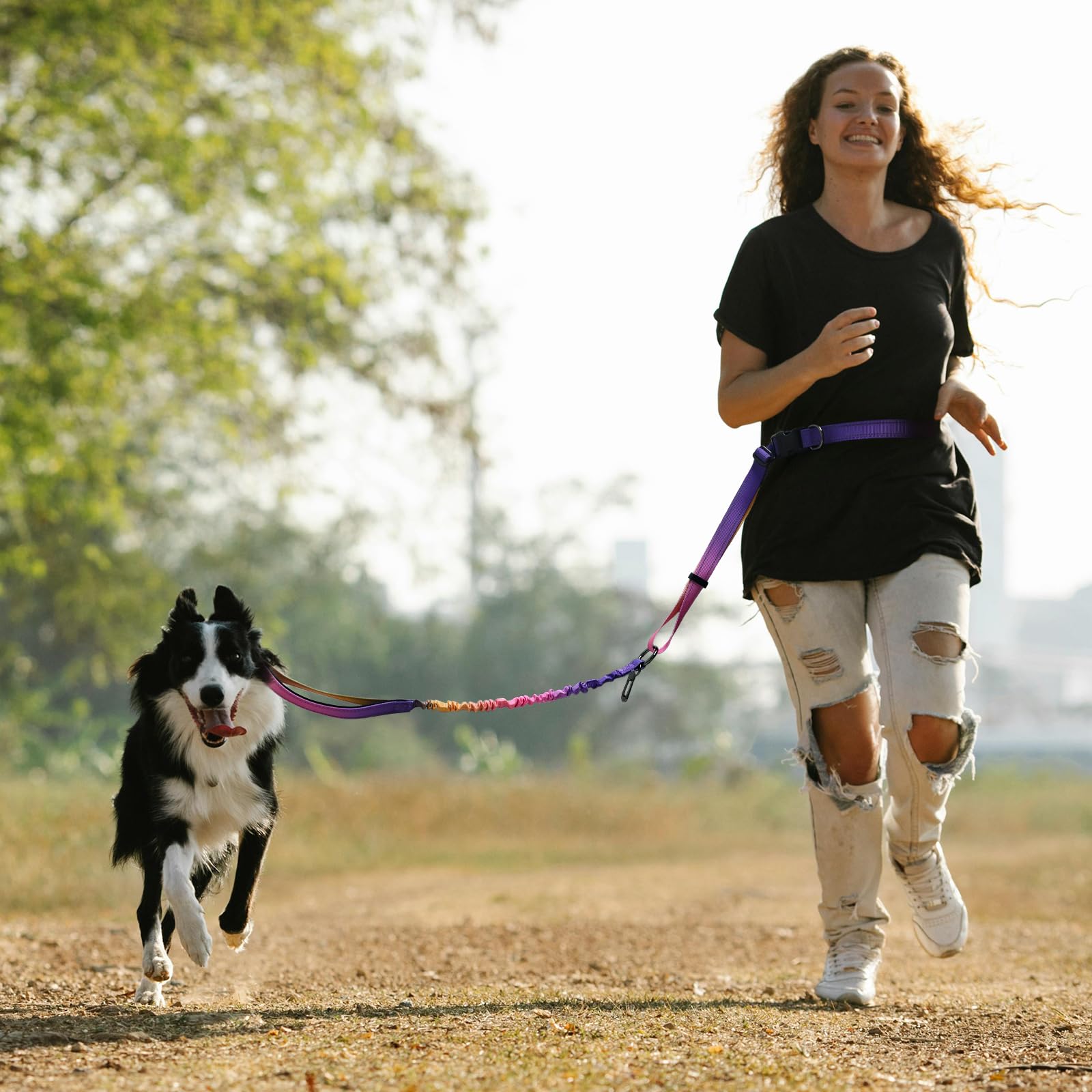 Rosespoetry hands-free leash shows car seatbelt clip for secure car rides.