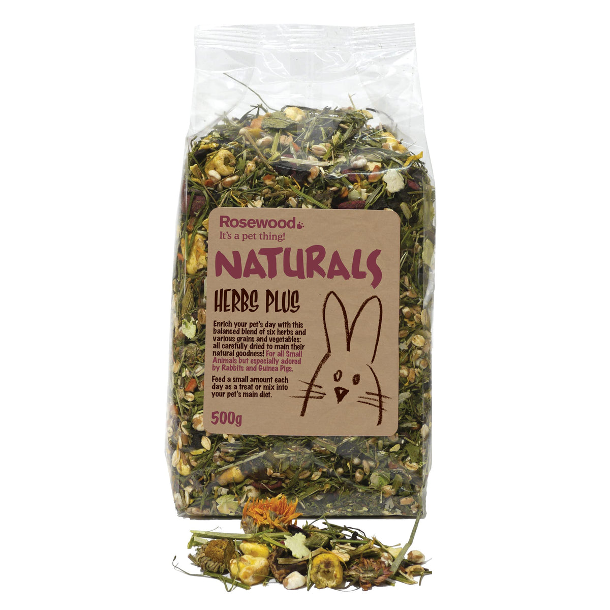 Rosewood Naturals Herb Plus packaging displaying natural ingredients for rabbits