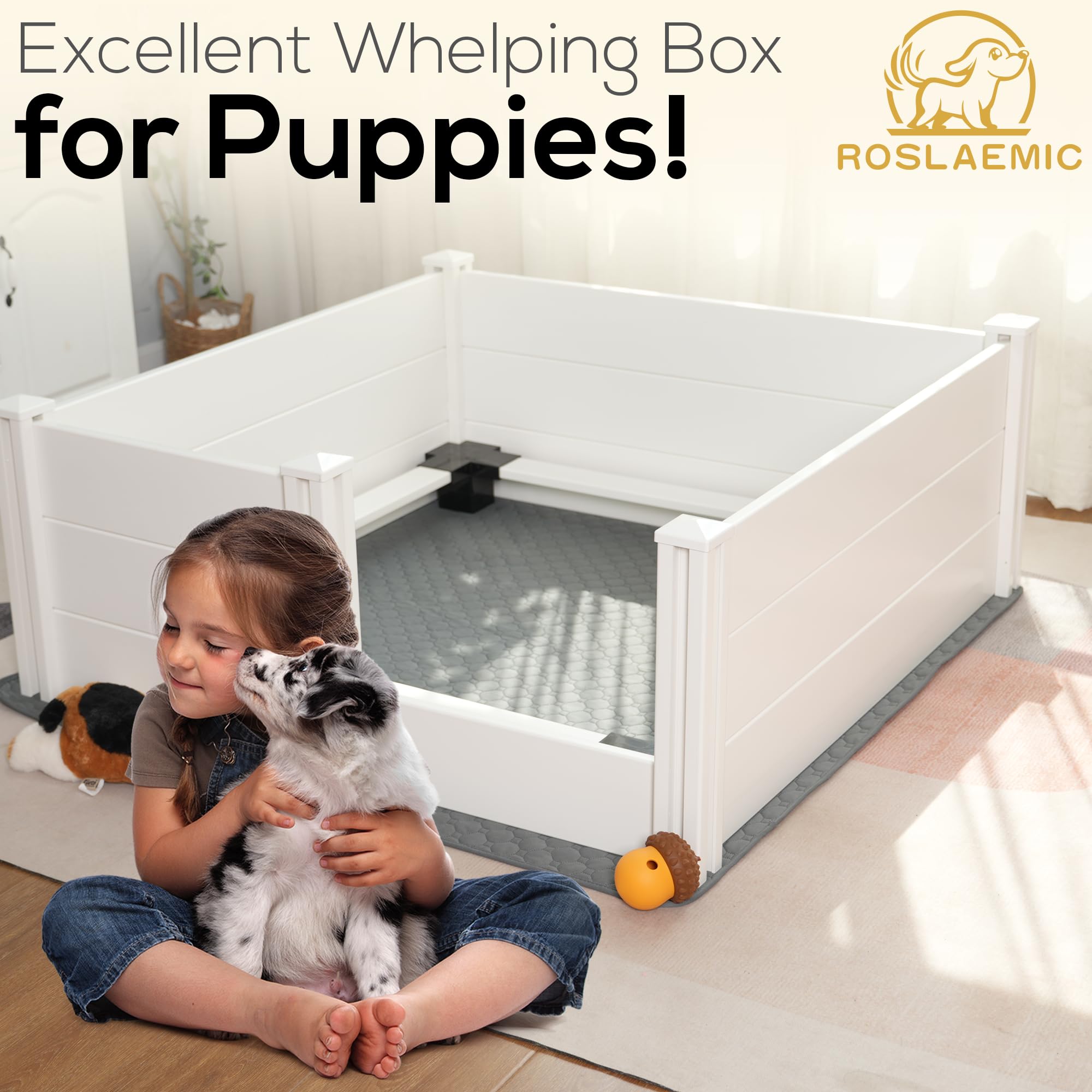 Roslaemic whelping box includes mat collars and growth charts for care