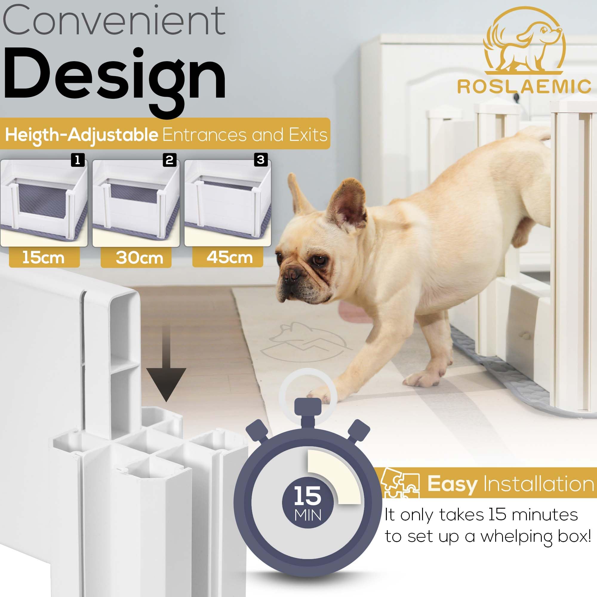 Roslaemic whelping box interior with 19-inch height provides roomy space