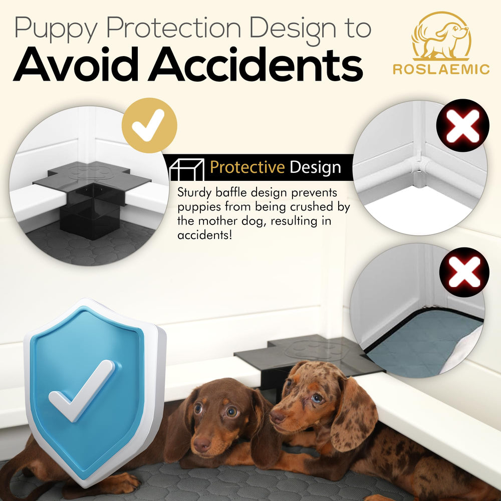 Roslaemic whelping box step design demonstrates easy dam and puppy access