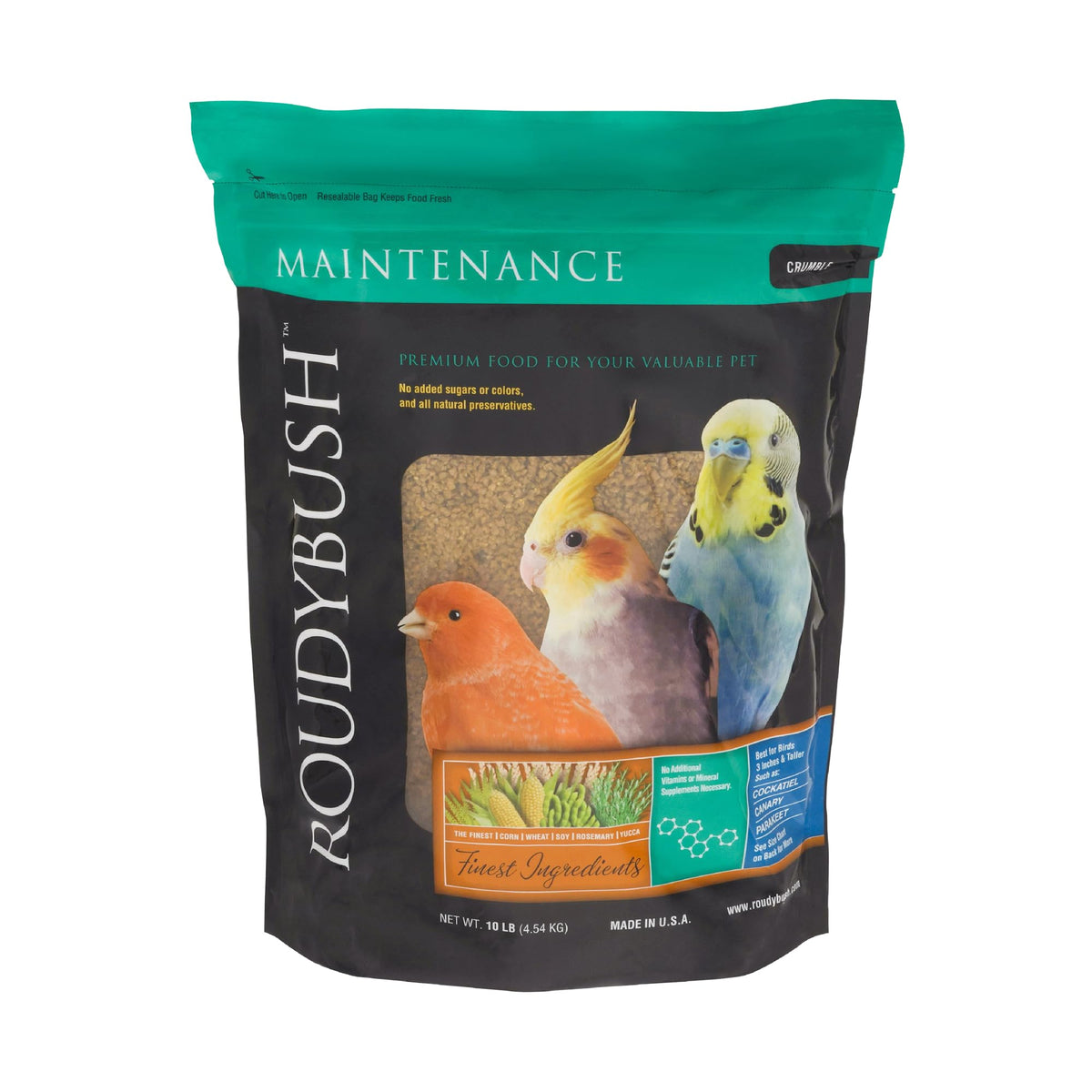RoudyBush daily maintenance bird food 10lb pack in resealable bag for easy feeding.