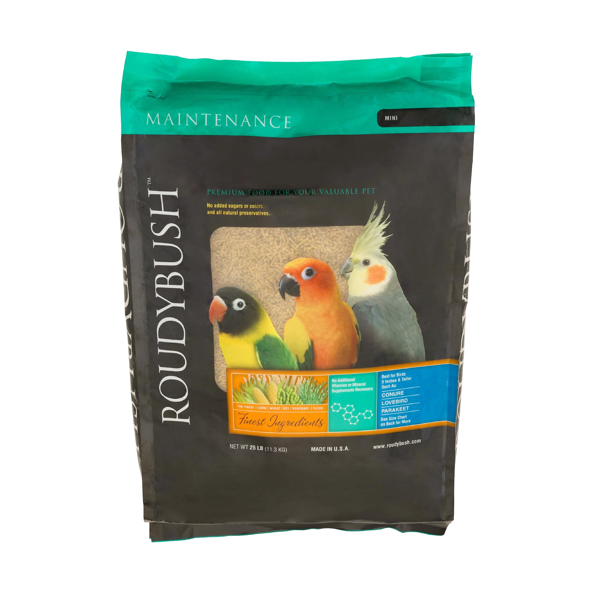 Roudybush Daily Maintenance mini 25lb bag shows pellet form for balanced nutrition.