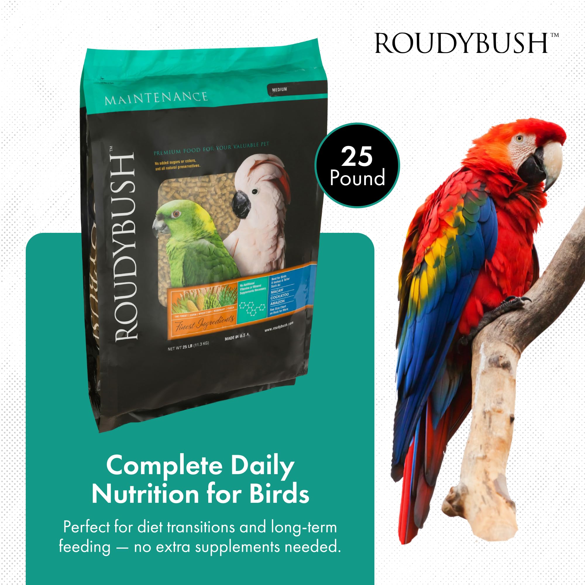 Roudybush 25lb bag front view for simple feeding