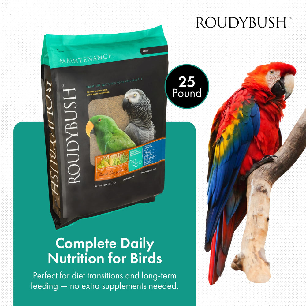 RoudyBush Daily Maintenance Bird Food pellets closeup highlighting balanced protein and fat for parrots