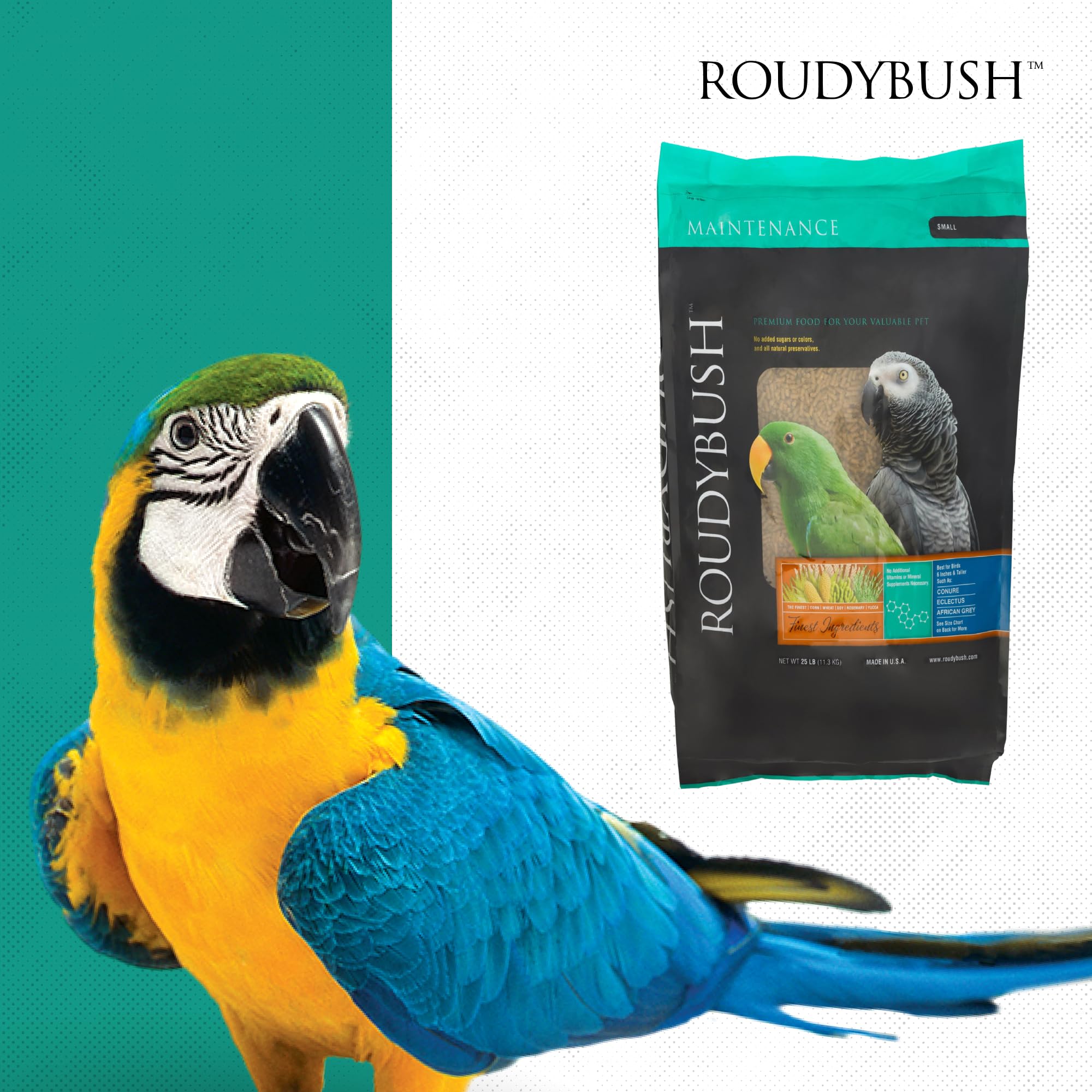 RoudyBush Daily Maintenance Bird Food pellets suitable for parrots, conures, and other six-inch-plus birds