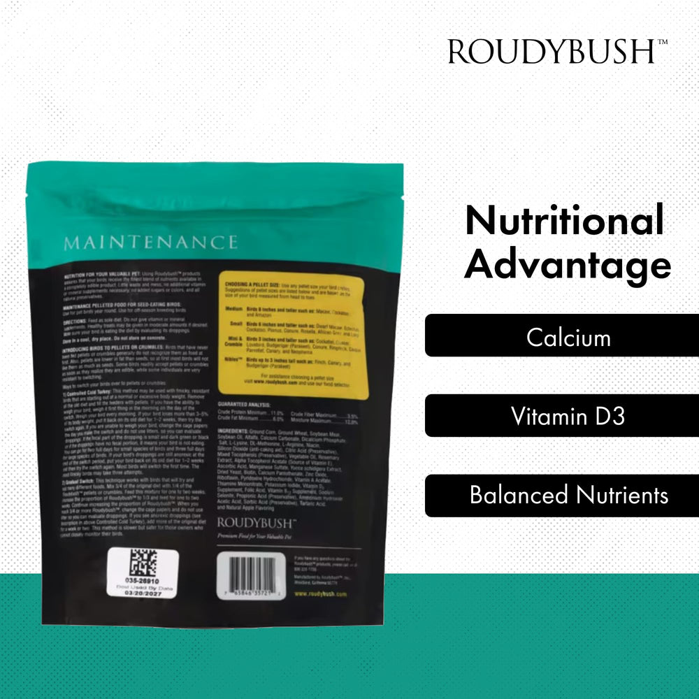 Roudybush Daily Maintenance label confirms no animal by-products for cleaner sourcing.