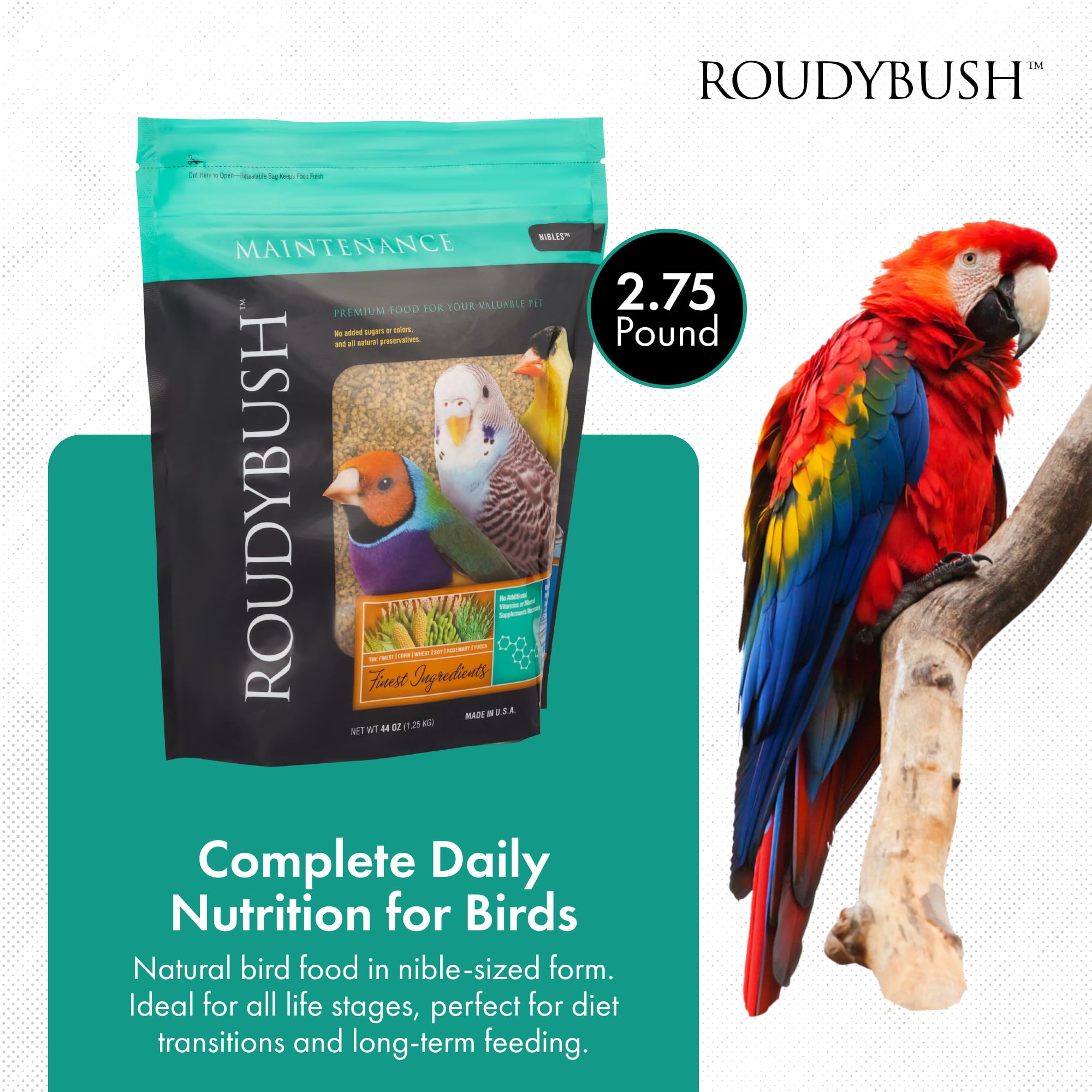 RoudyBush pellets ingredients display corn, wheat and soy for steady energy.