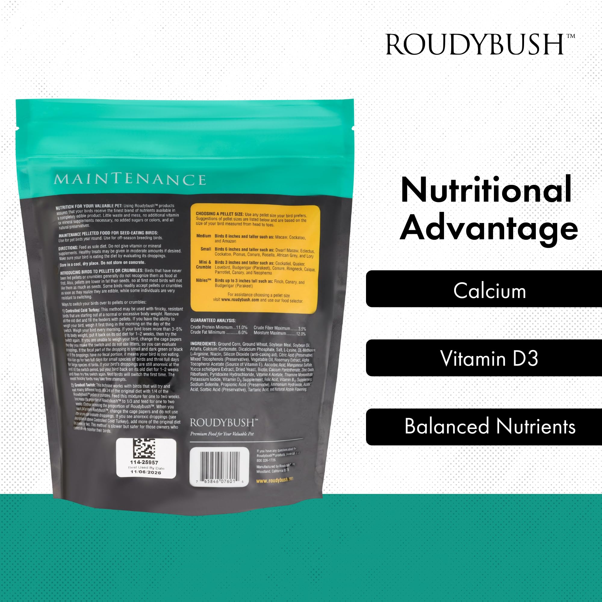 RoudyBush transition-friendly pellets ease diet switch without extra supplements.
