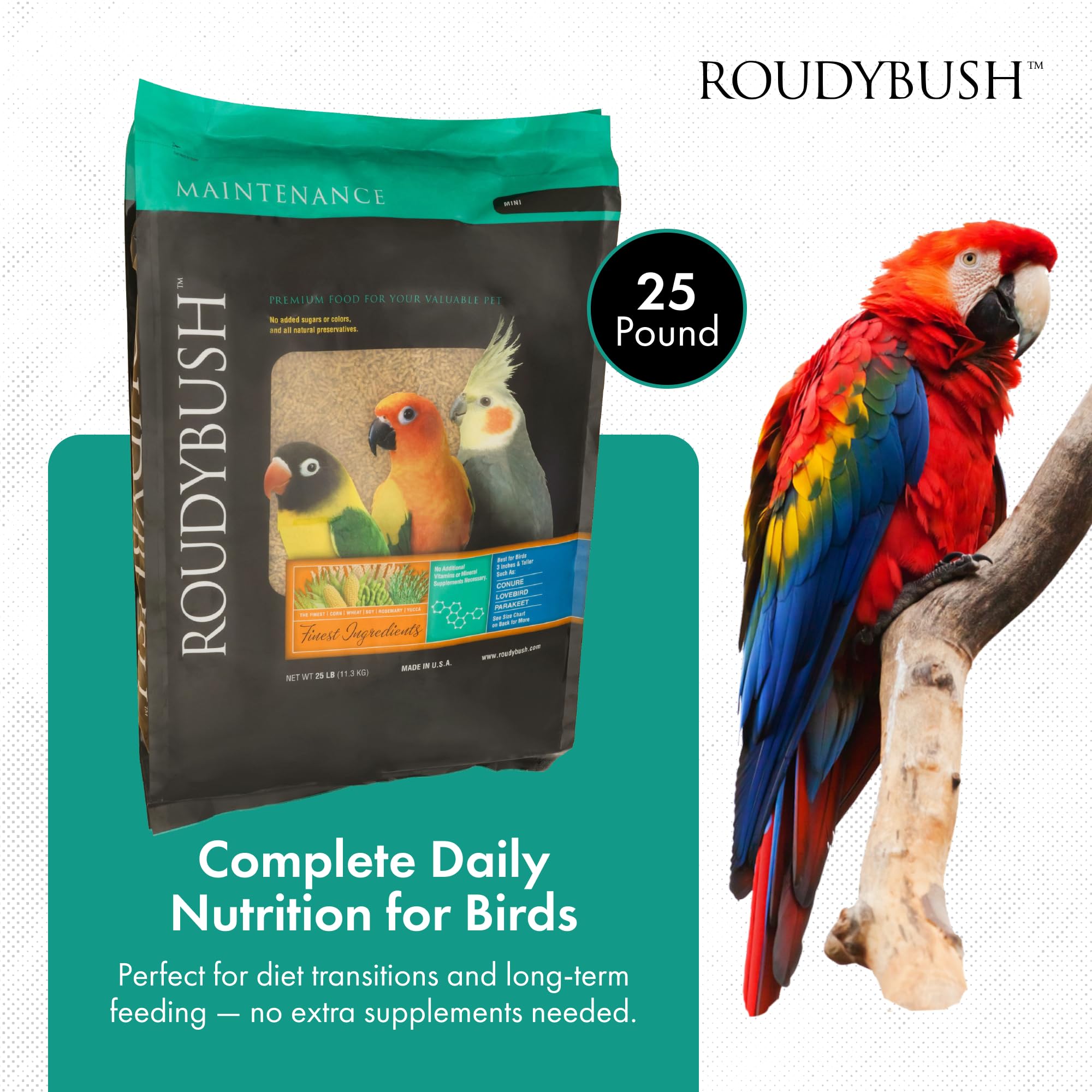 Roudybush pellets closeup highlights texture for reduced waste and consistent feeding.