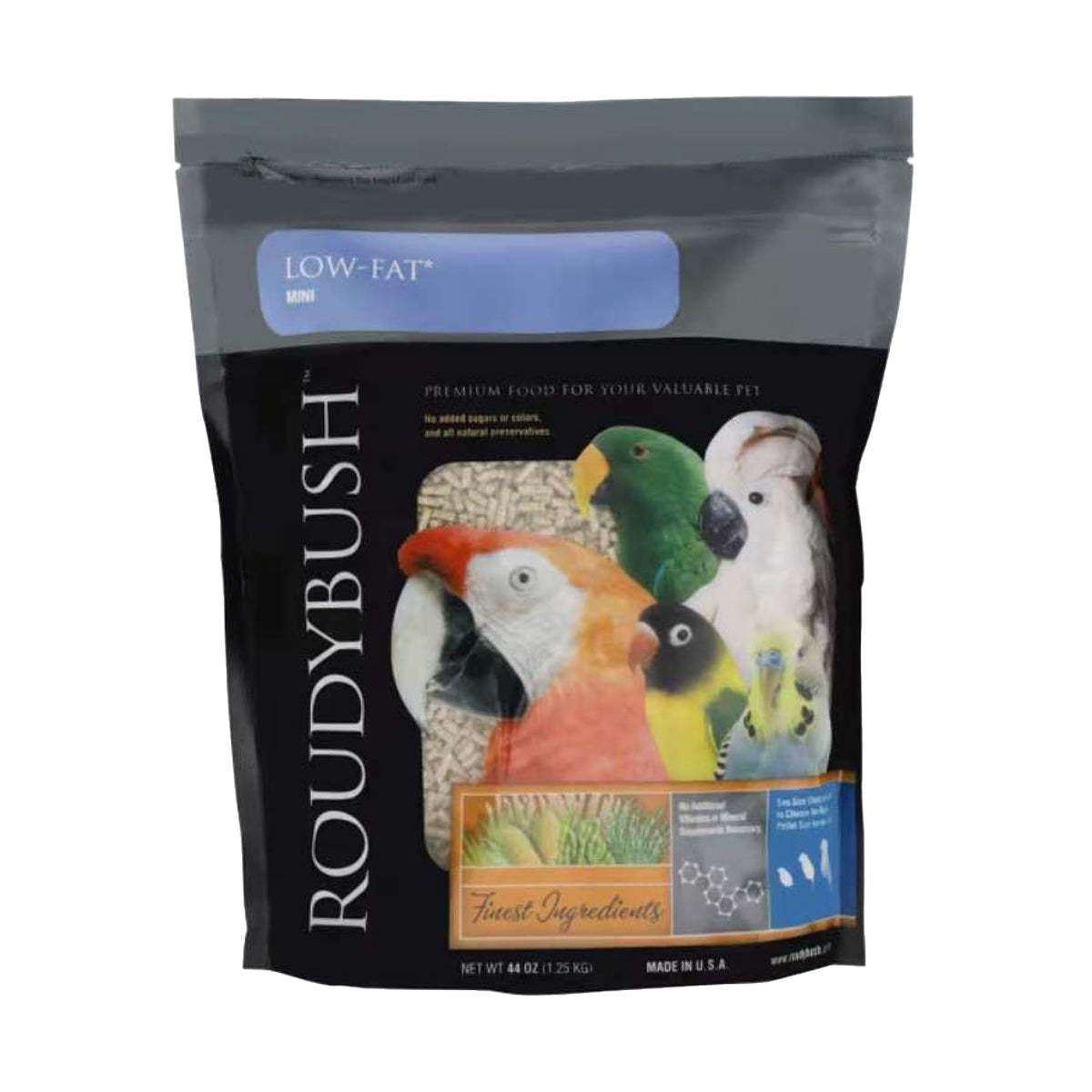 Roudybush Low Fat Bird Food pellets in a bowl for adult birds