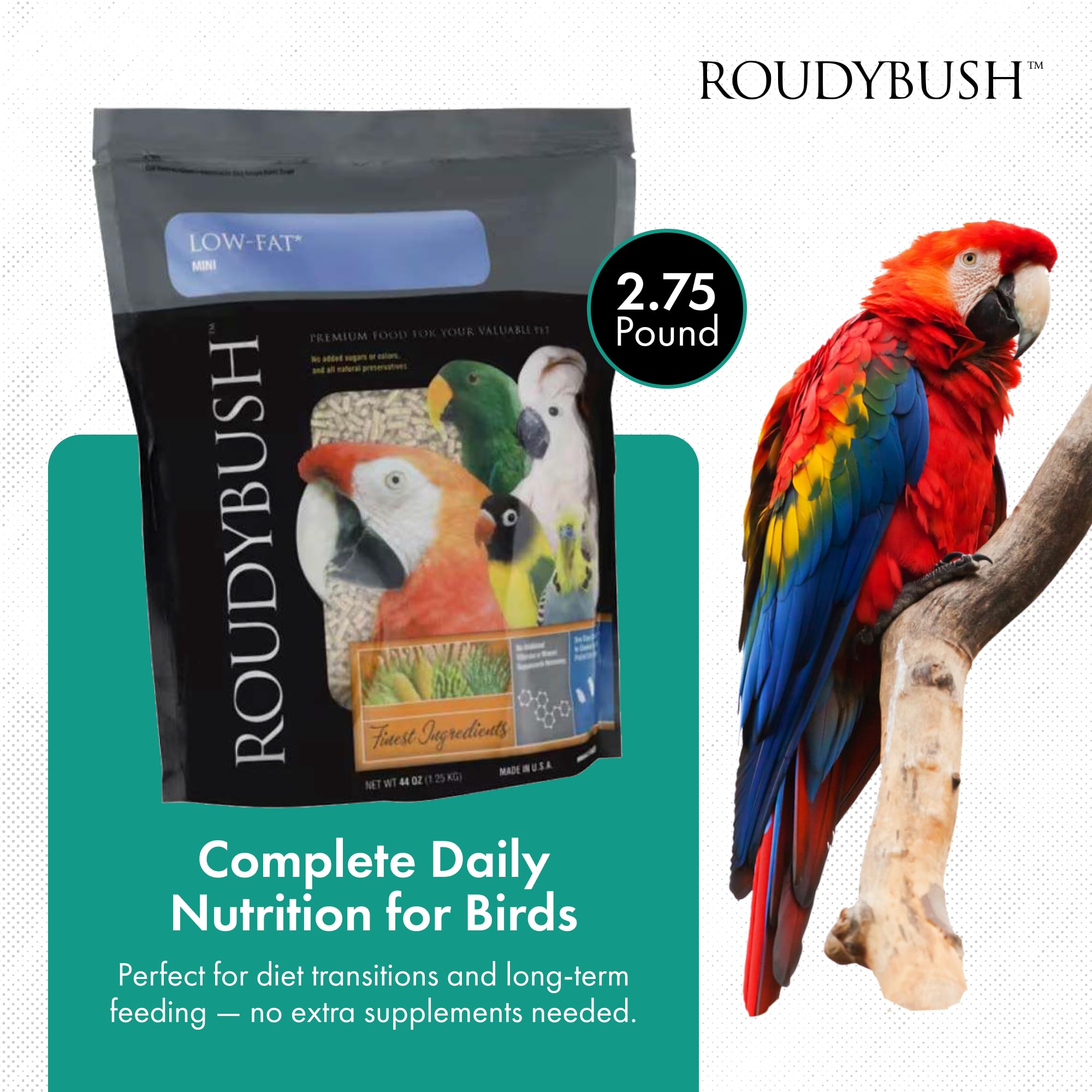 Roudybush mini pellets closeup showing easy-to-chew maintenance diet