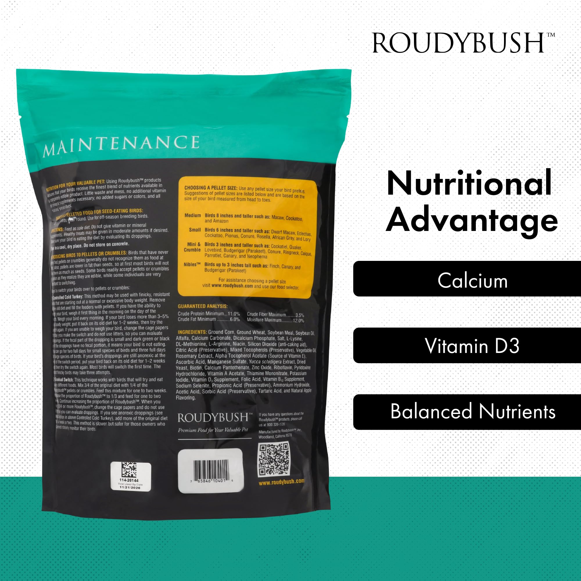 Roudybush pellet-diet image illustrates waste reduction versus traditional seed diets.