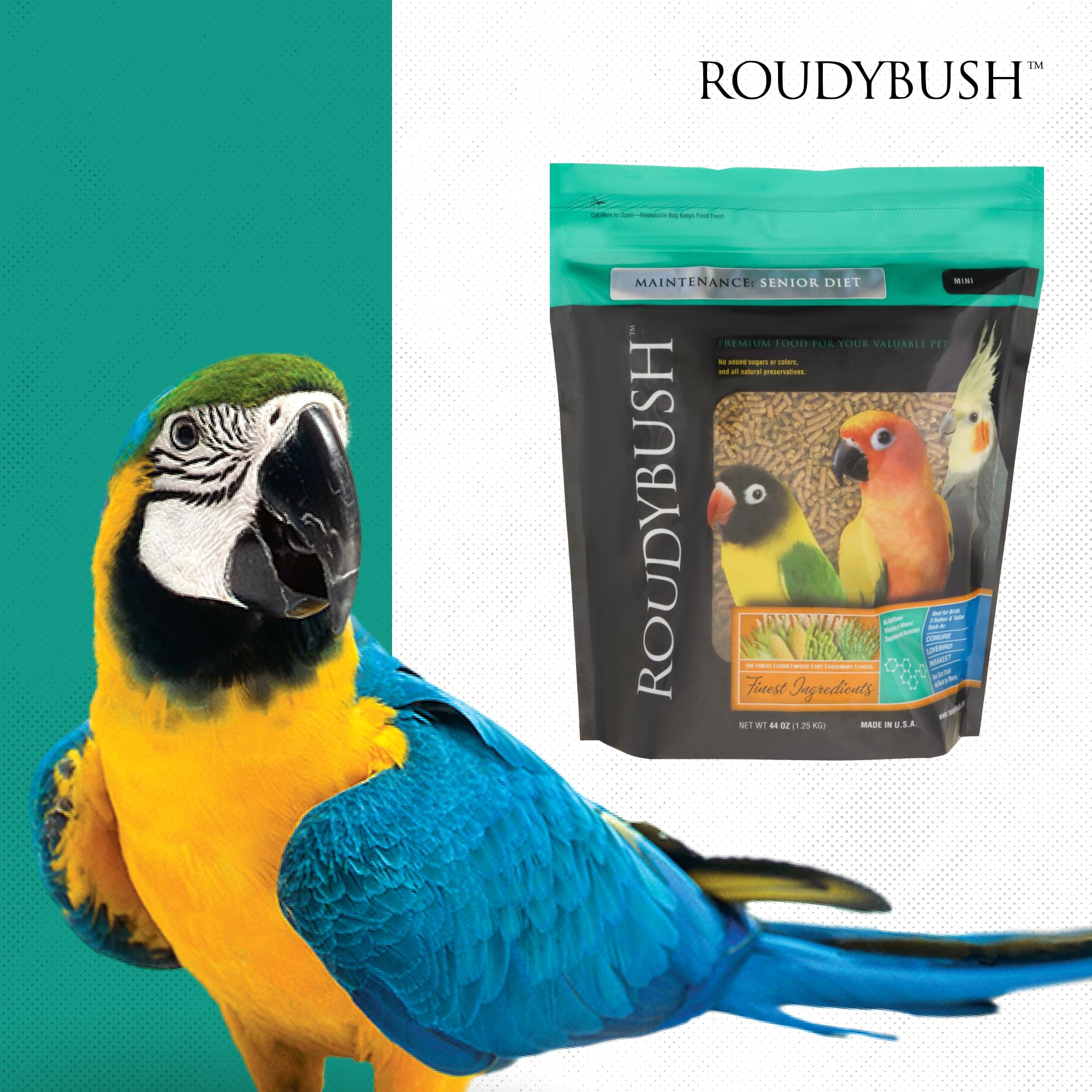 RoudyBush Senior Diet 44oz packaging signaling freshness and long shelf life