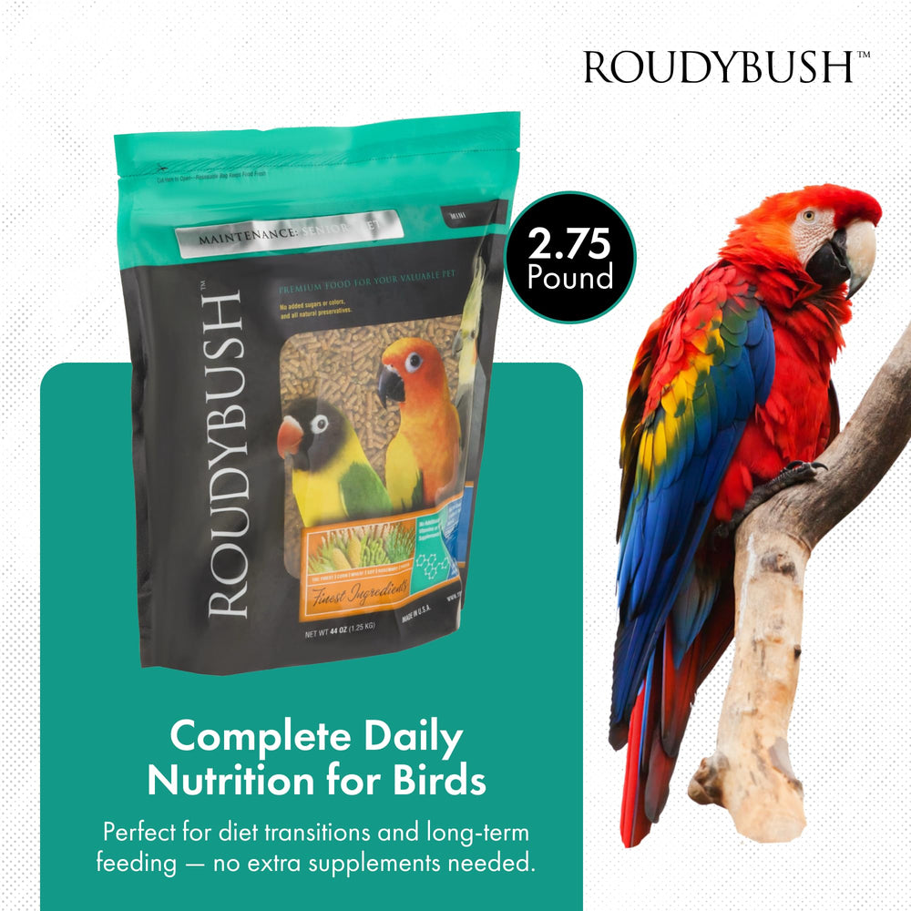 RoudyBush Senior Diet pellets in bowl show easy portioning for parrots