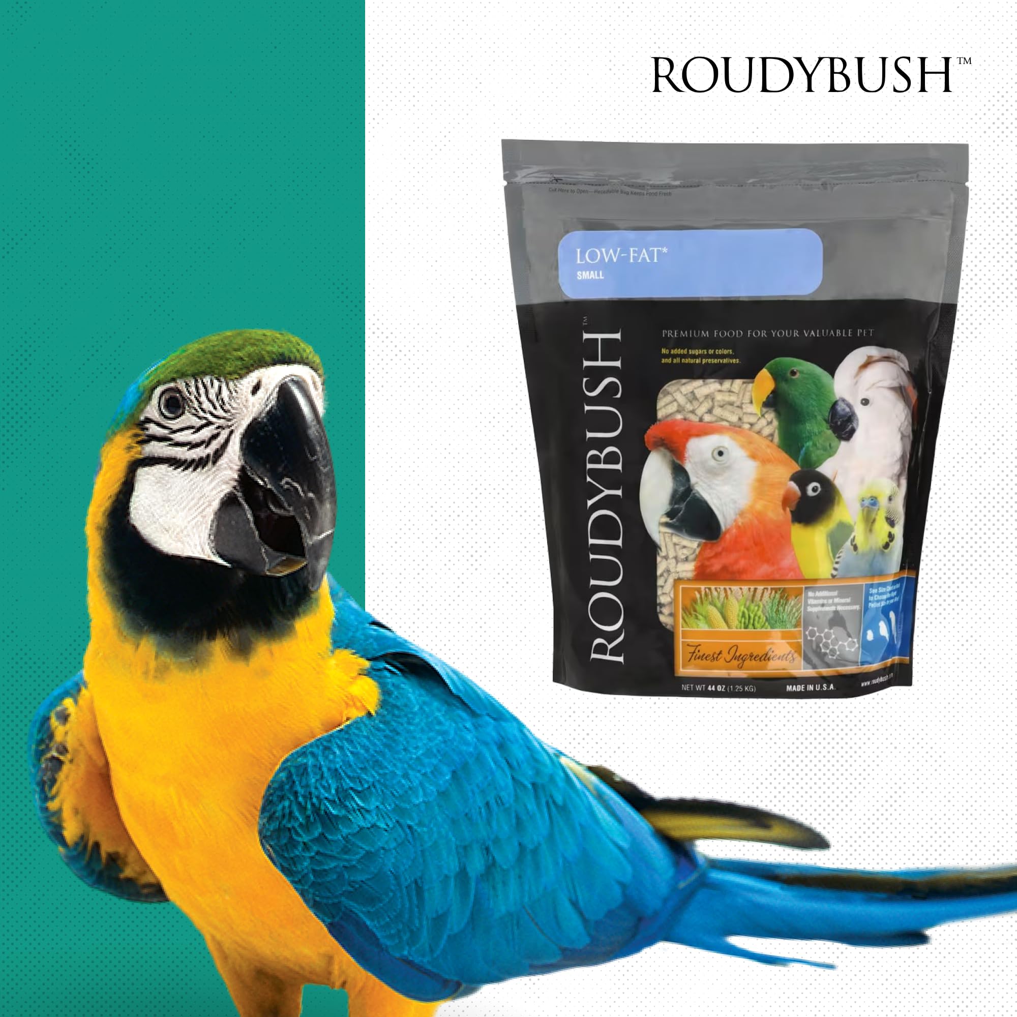 Roudybush bird enjoying meal highlights palatable, nutritious pellets in use.