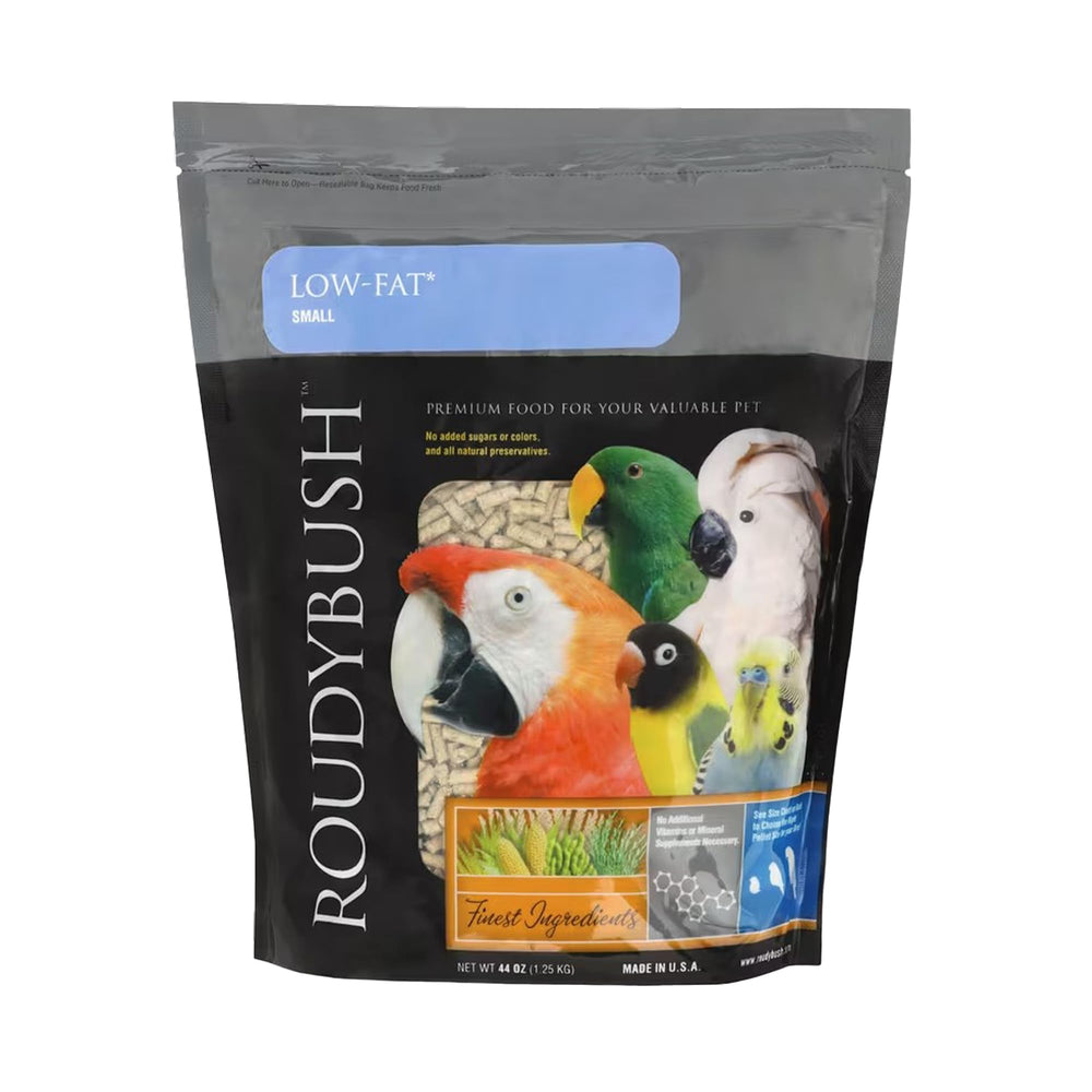 Roudybush low-fat bird food bag showing balanced pellets for small birds.
