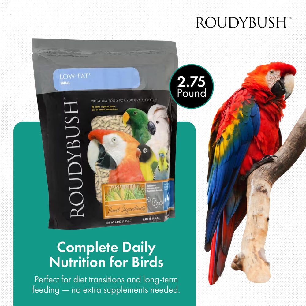 Roudybush pellets closeup highlights corn, wheat and soy in formula.
