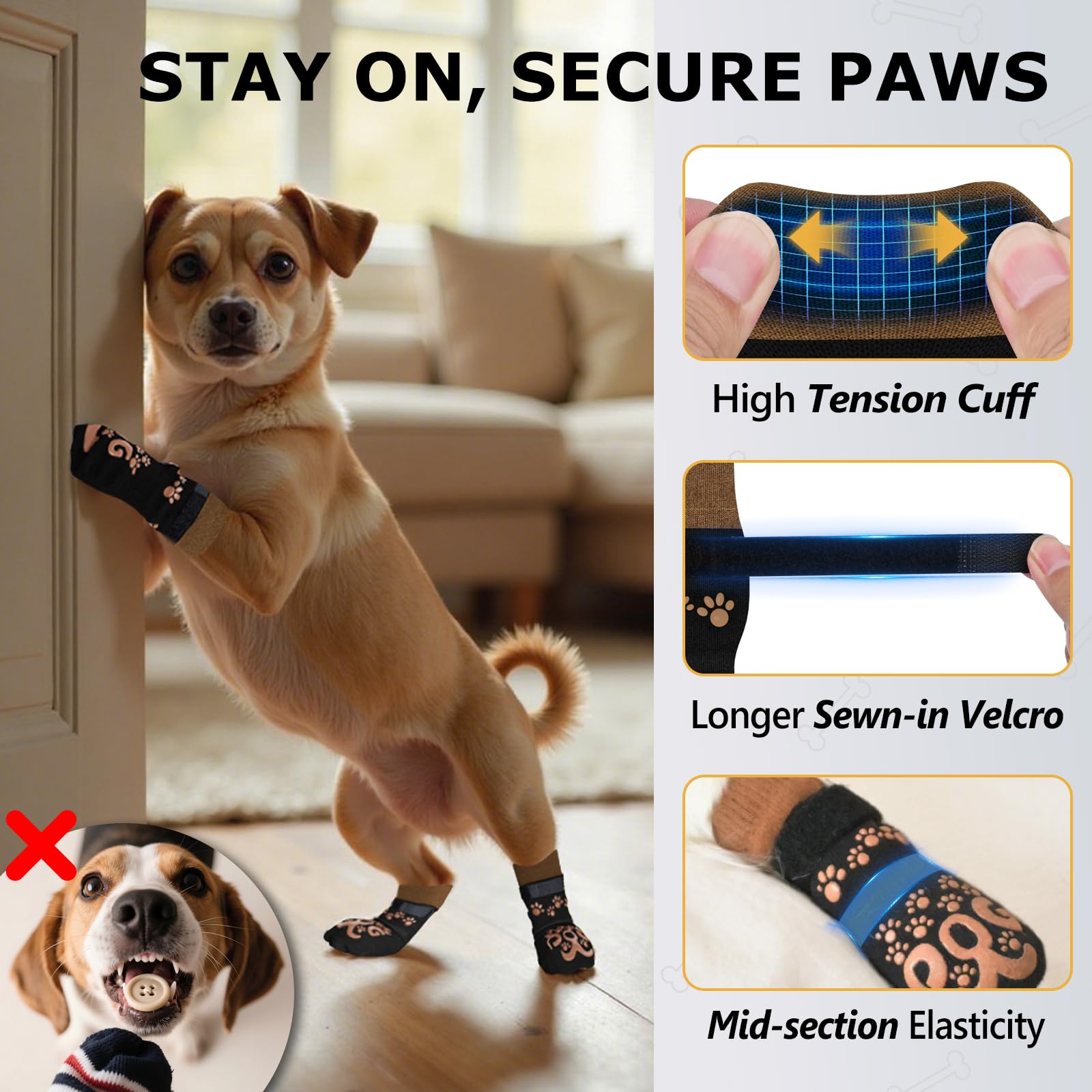ROUWINNE anti-slip dog socks elastic-band closeup demonstrates adjustable fit for secure binding.