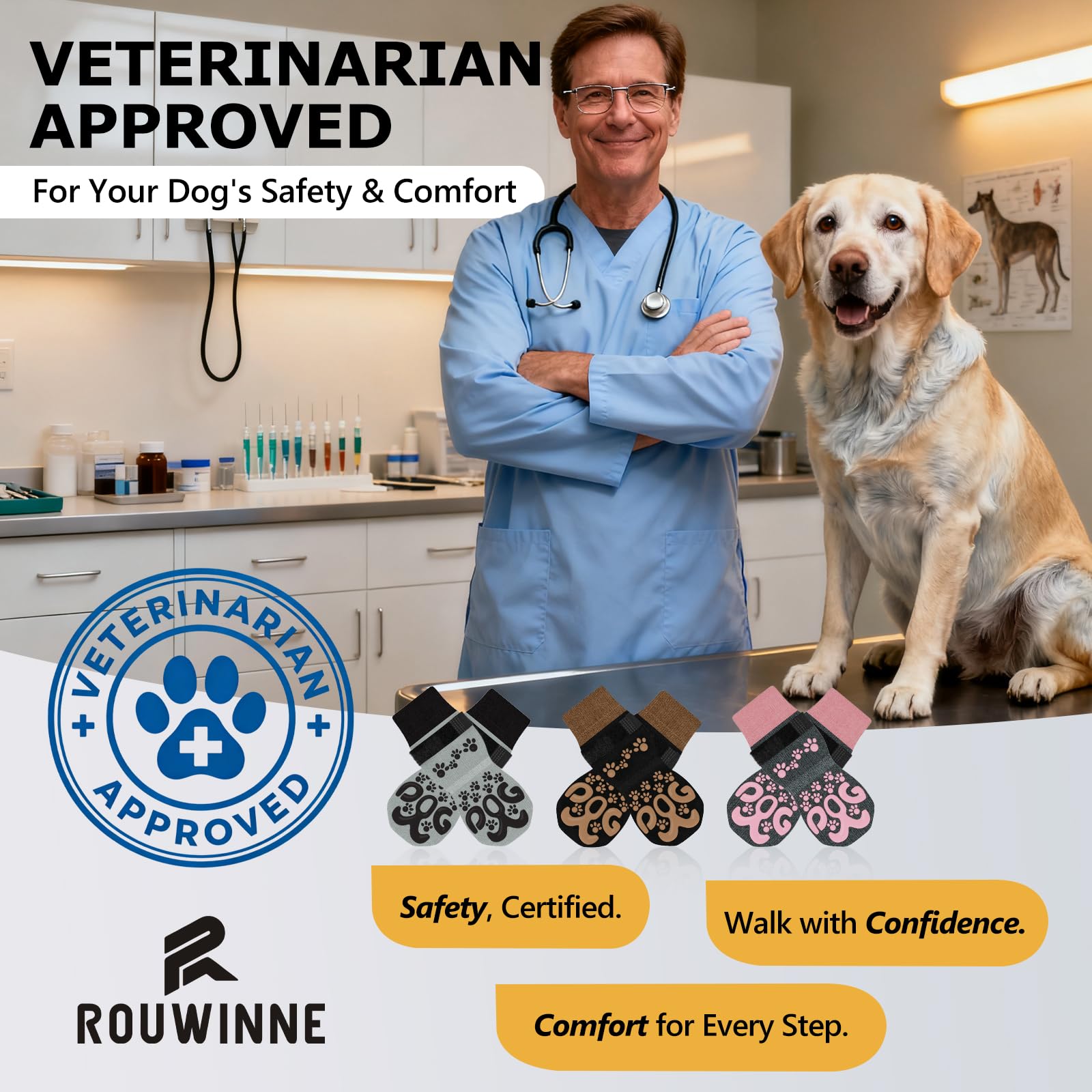 ROUWINNE dog socks during walks provide added grip on varied surfaces