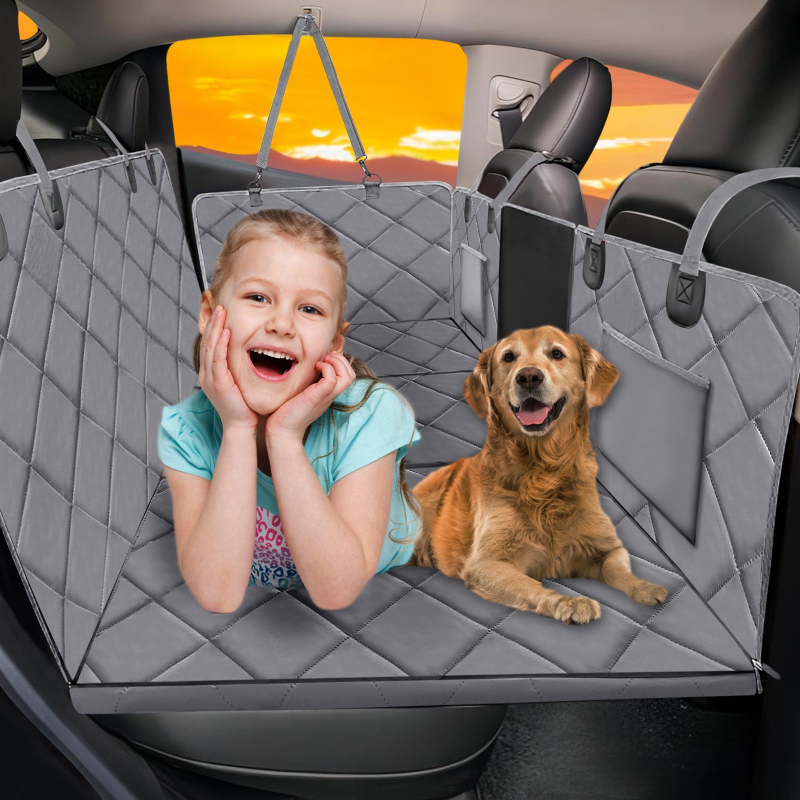 ROUWINNE back seat extender with a hard bottom provides sturdy support for dogs during travel.