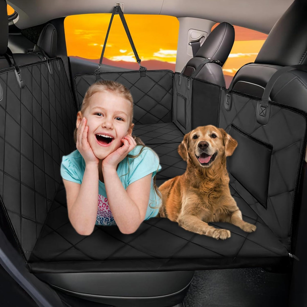 ROUWINNE back seat extender with wide coverage for extra dog space and protection.