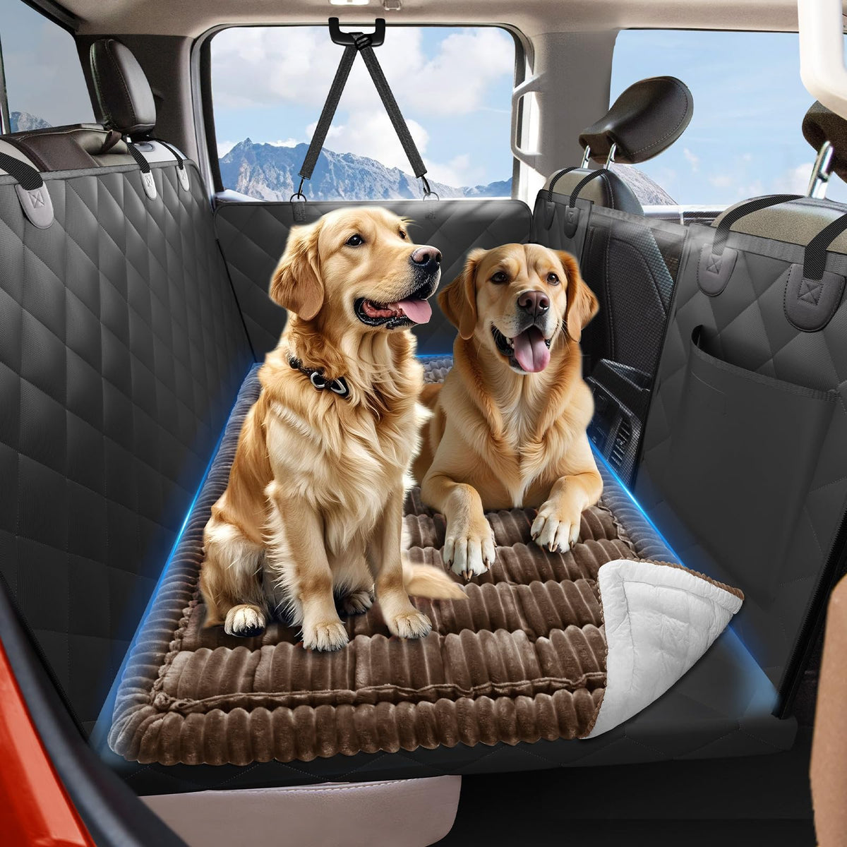 ROUWINNE dog bed on truck back seat with non-slip surface for safer car trips