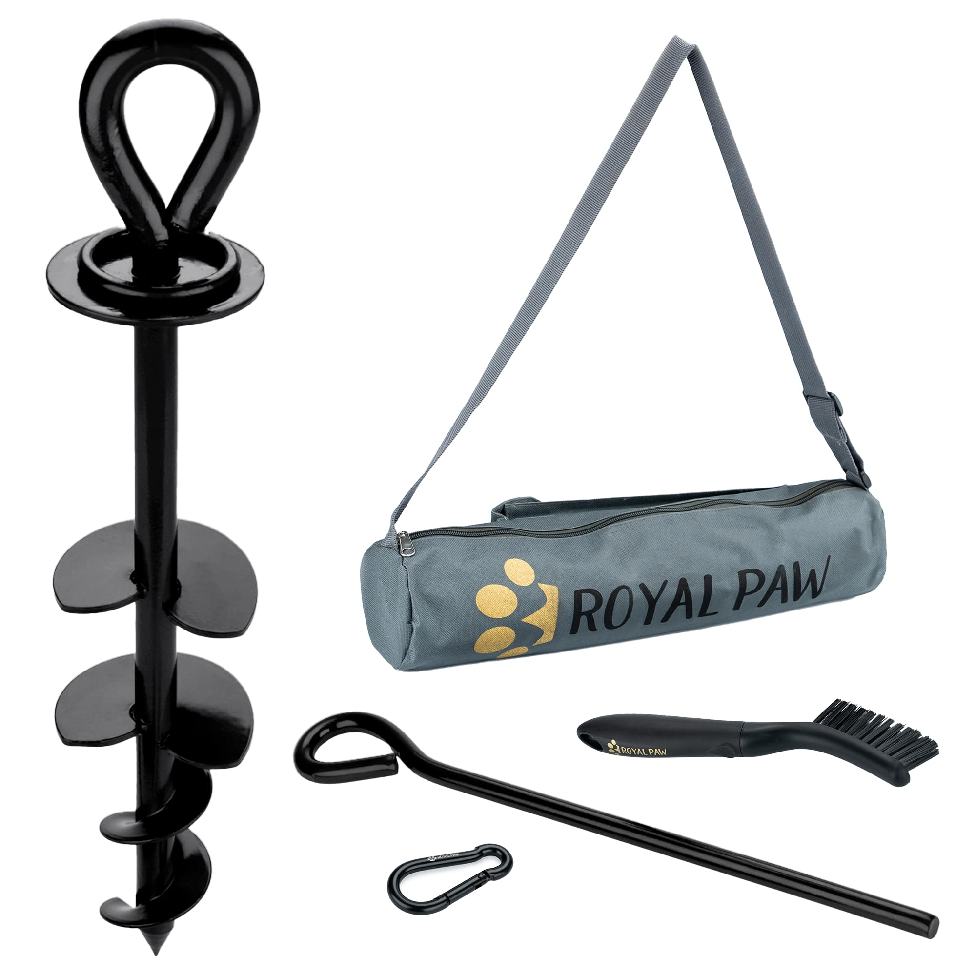 ROYAL PAW tie out stake demonstrates heavy-duty assembly for outdoor use with large dogs