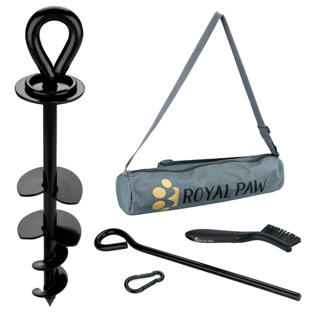 ROYAL PAW tie out stake demonstrates heavy-duty assembly for outdoor use with large dogs