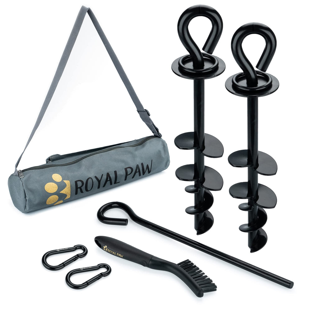 ROYAL PAW dog tie out stake packaging in water-resistant box signals premium presentation.