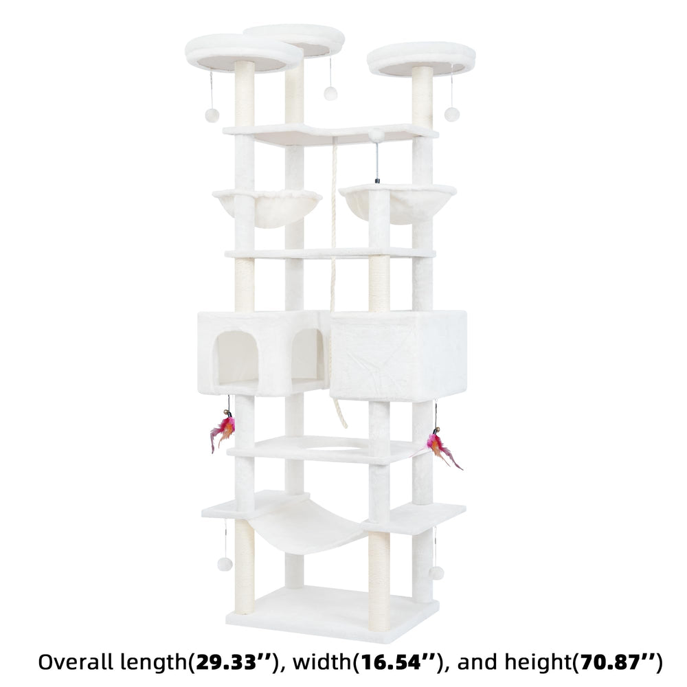 Roypet 71in cat tree with two condos provides private nap spots for multiple cats