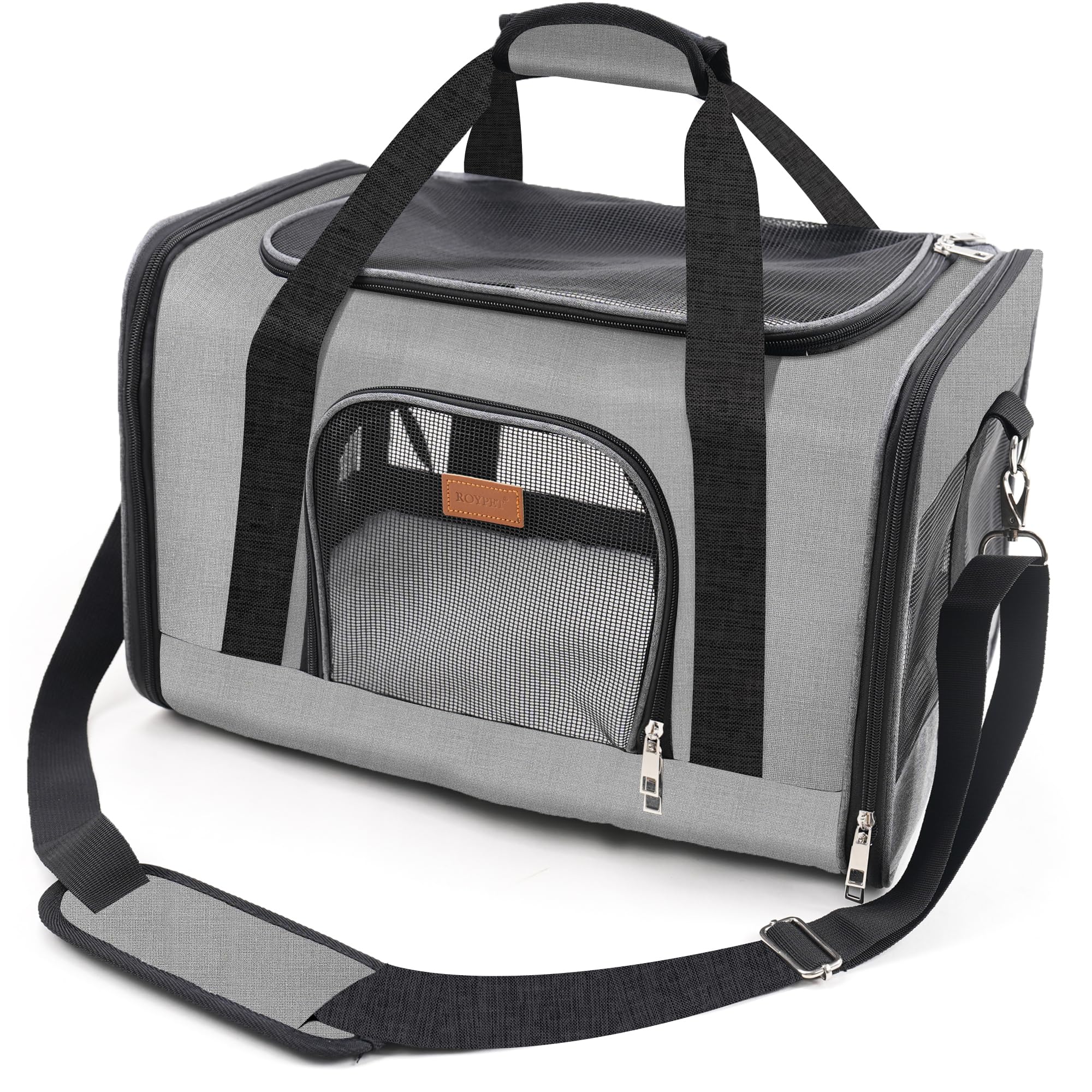 ROYPET soft-sided grey carrier with breathable mesh for comfortable pet journeys