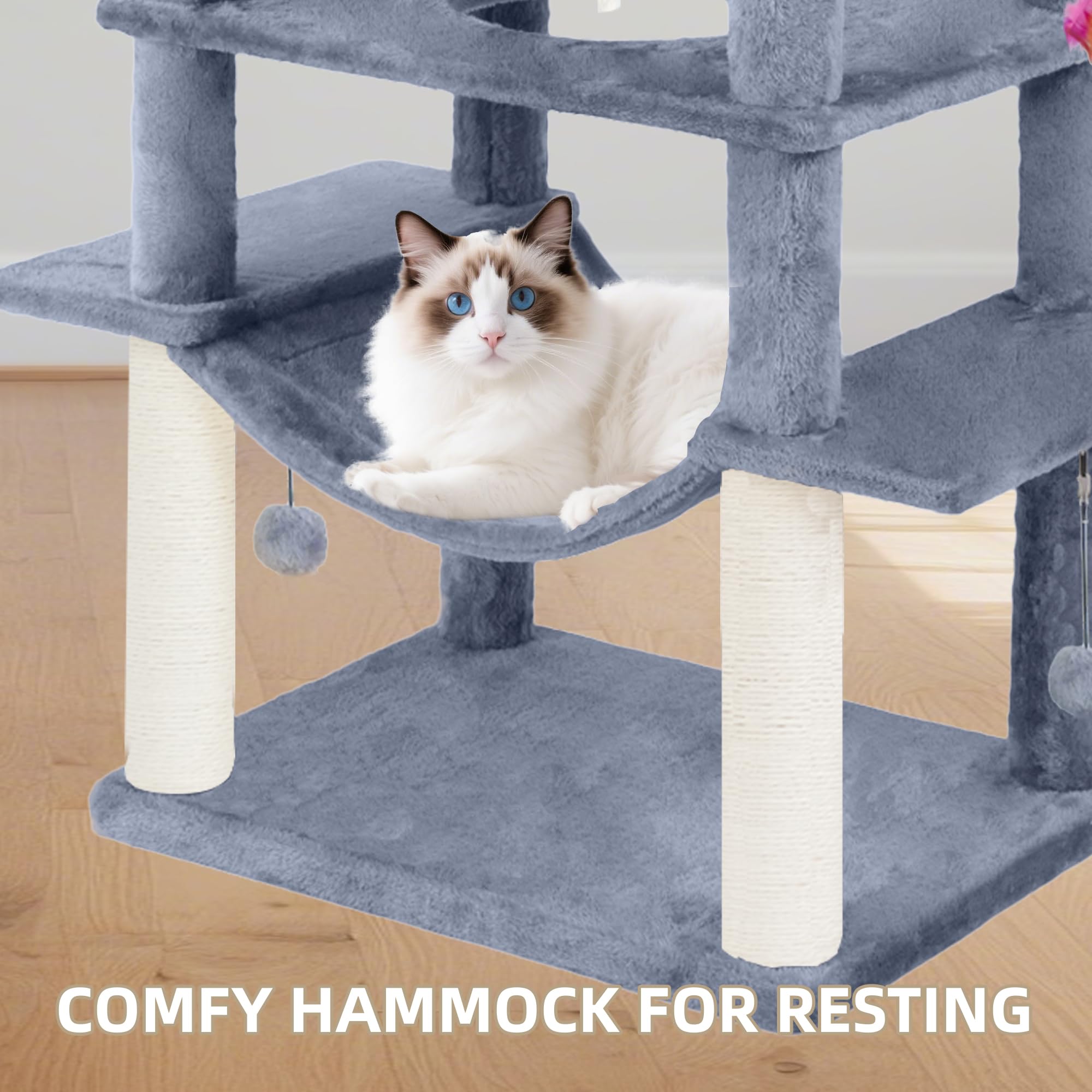 Roypet cat tree includes two hanging baskets for elevated lounging.