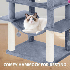 Roypet cat tree includes two hanging baskets for elevated lounging.