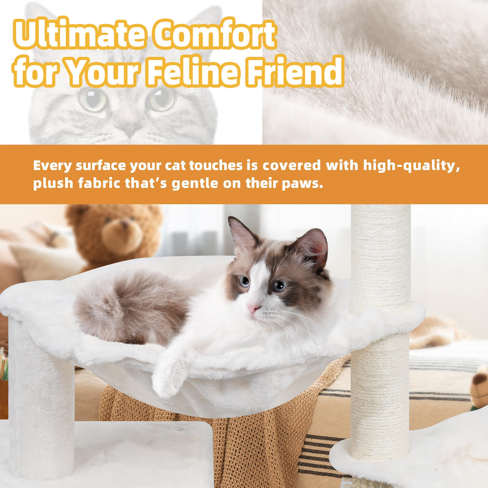 ROYPET grooming brushes on beige cat tree reduce shedding and boost circulation.