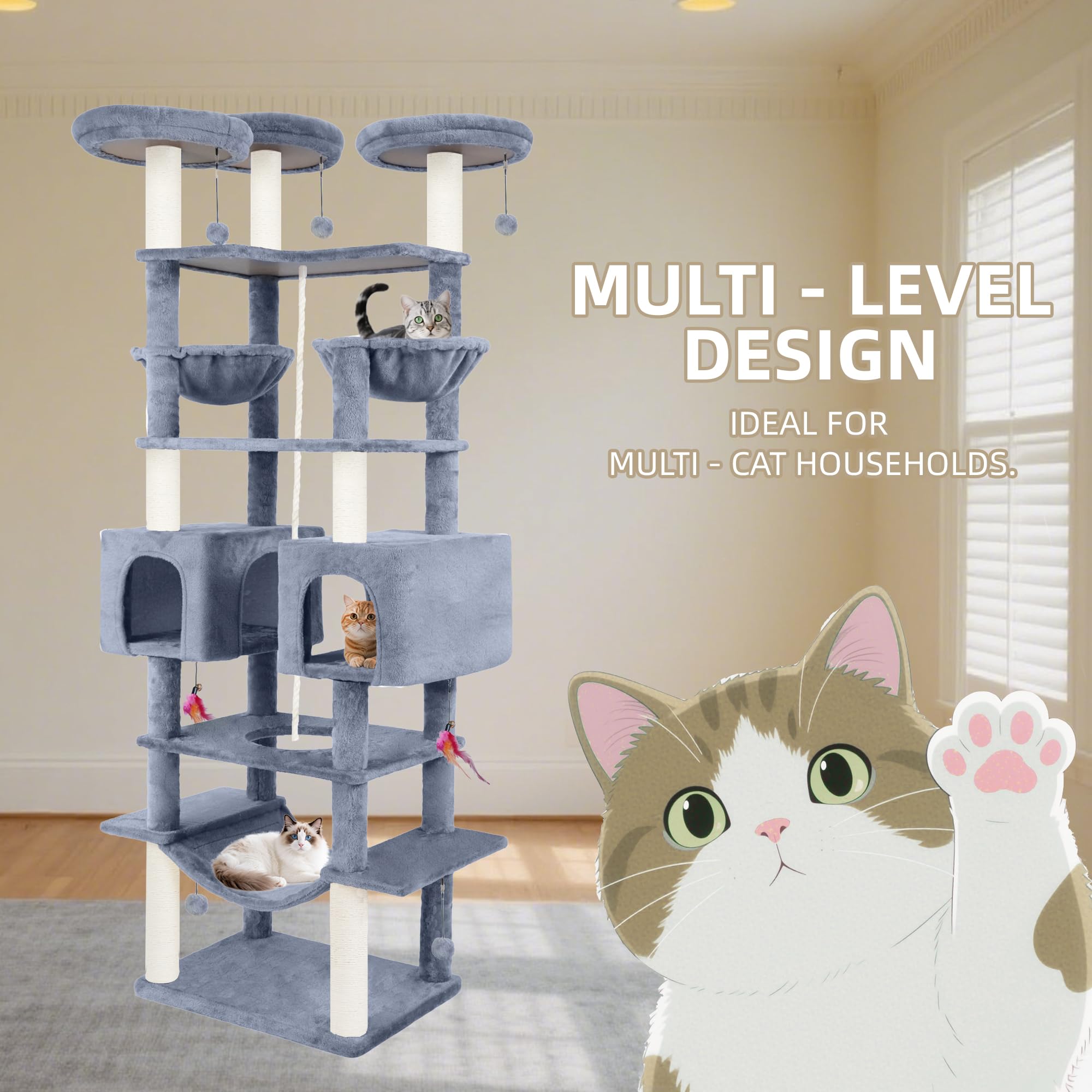 Roypet cat tree features sisal ropes for natural scratching and climbing.
