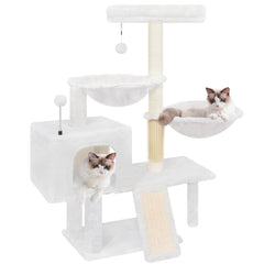 ROYPET cat tree with two beige hammocks for lounging.