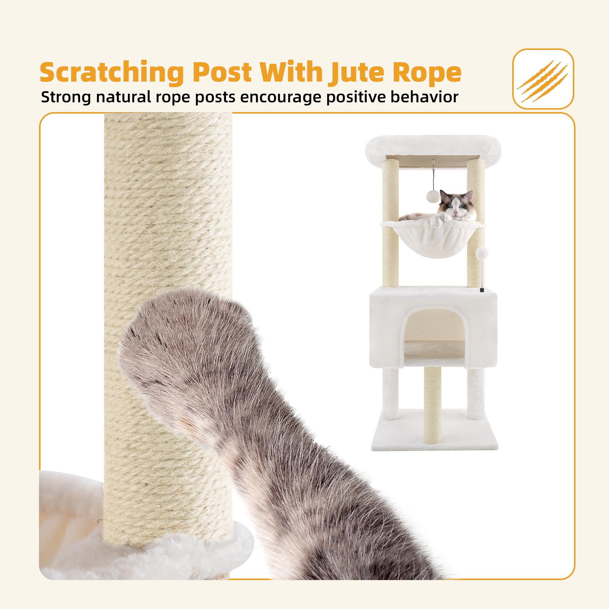 ROYPET Fashion Design 43.3-inch cat tree dangling pom-poms invite interactive play.