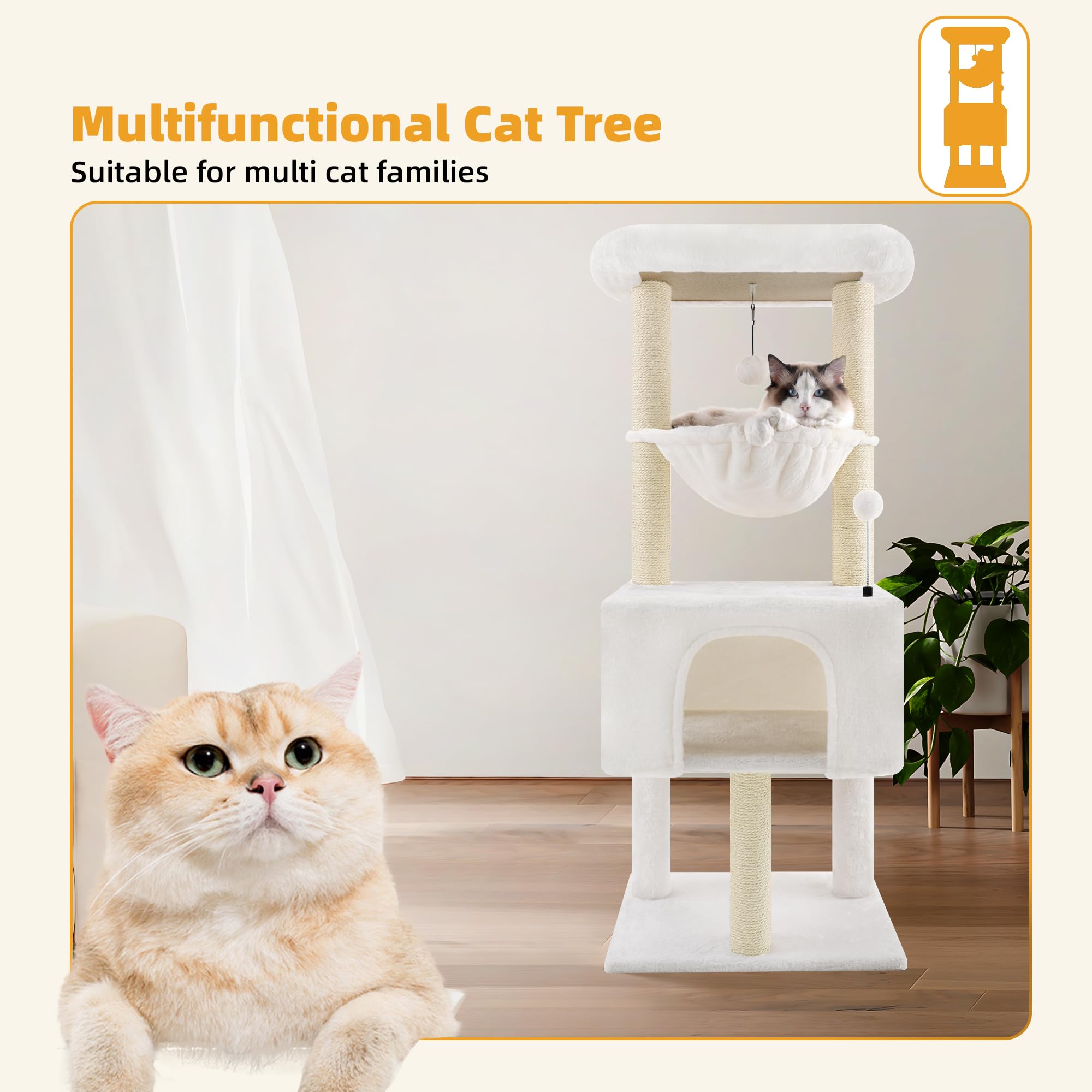 ROYPET Fashion Design 43.3-inch cat tree plush fabrics offer cozy lounging spots.