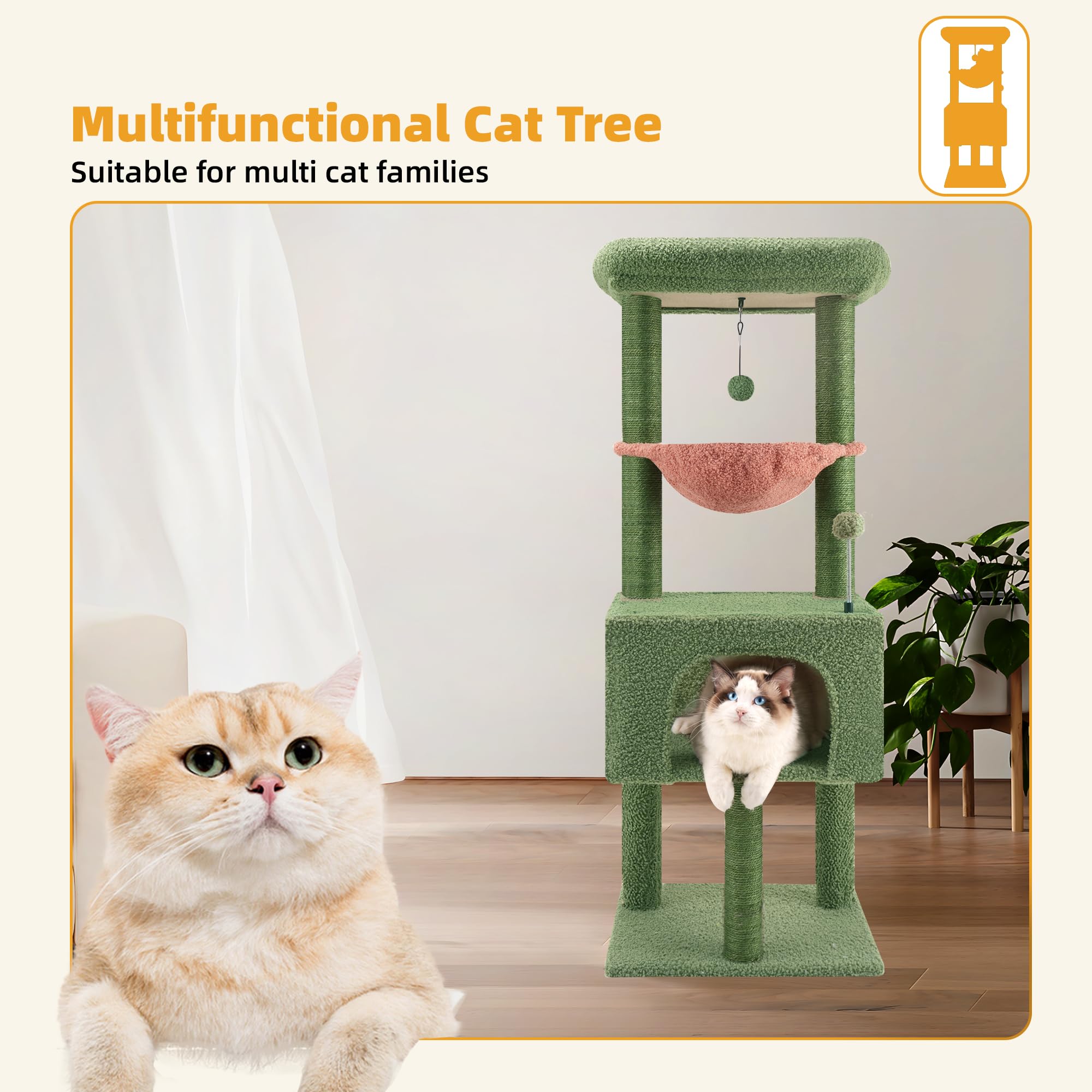 ROYPET Fashion Design 43.3-inch cat tree condo closeup showing cozy hideouts in plush fabric.