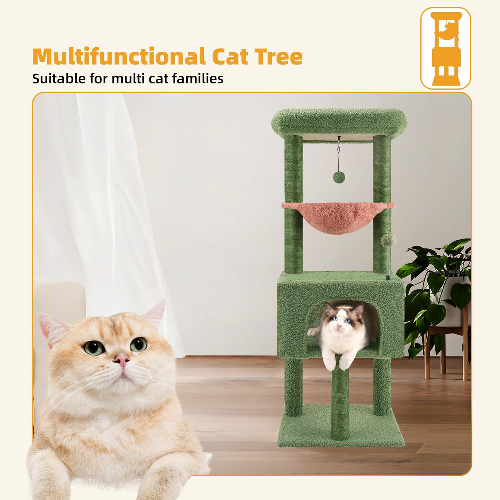 ROYPET Fashion Design 43.3-inch cat tree condo closeup showing cozy hideouts in plush fabric.
