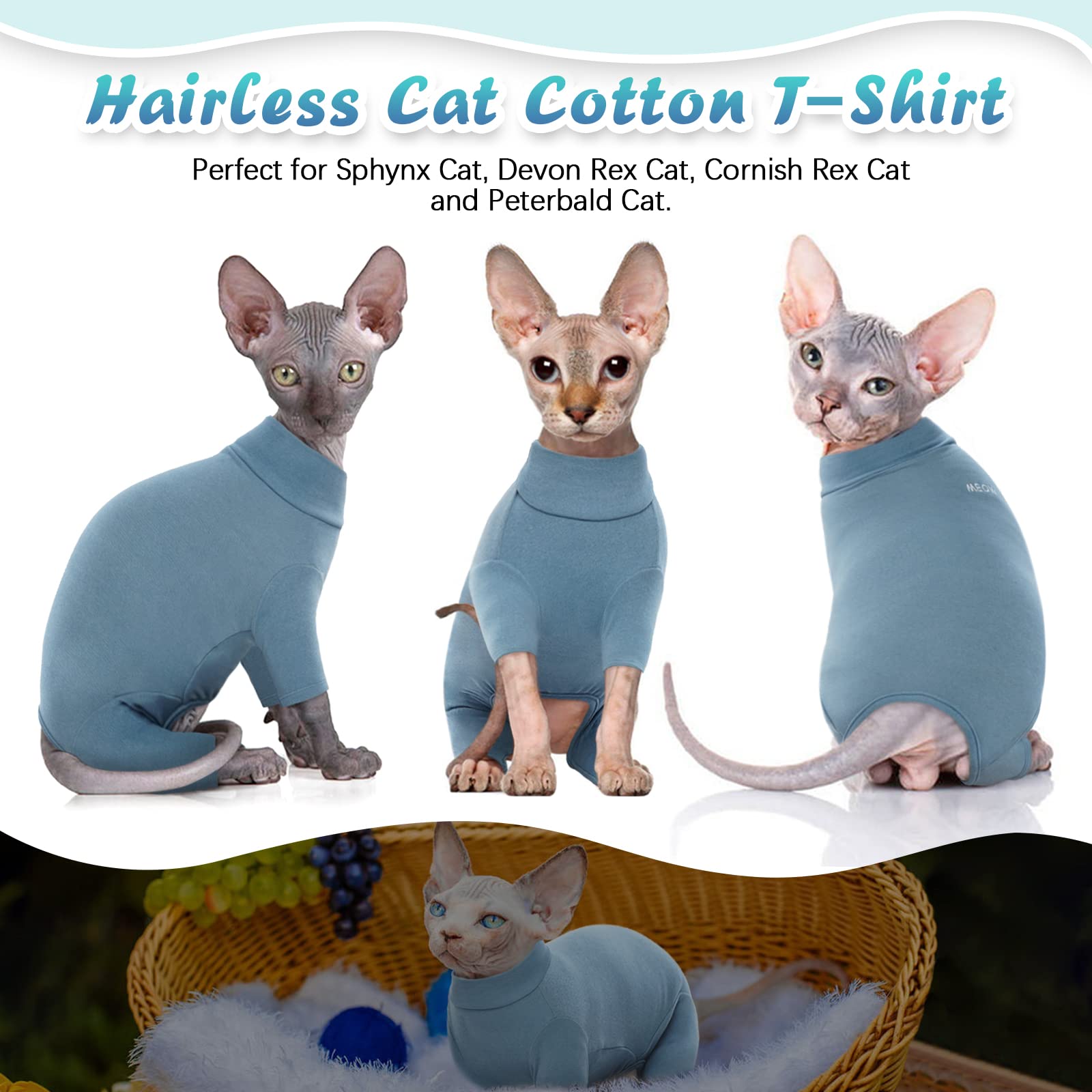 ROZKITCH hairless cat jumpsuit blue M back view demonstrates full coverage for year-round wear.
