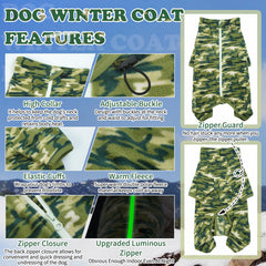 ROZKITCH camouflage dog jumpsuit front view highlighting warm polar fleece.