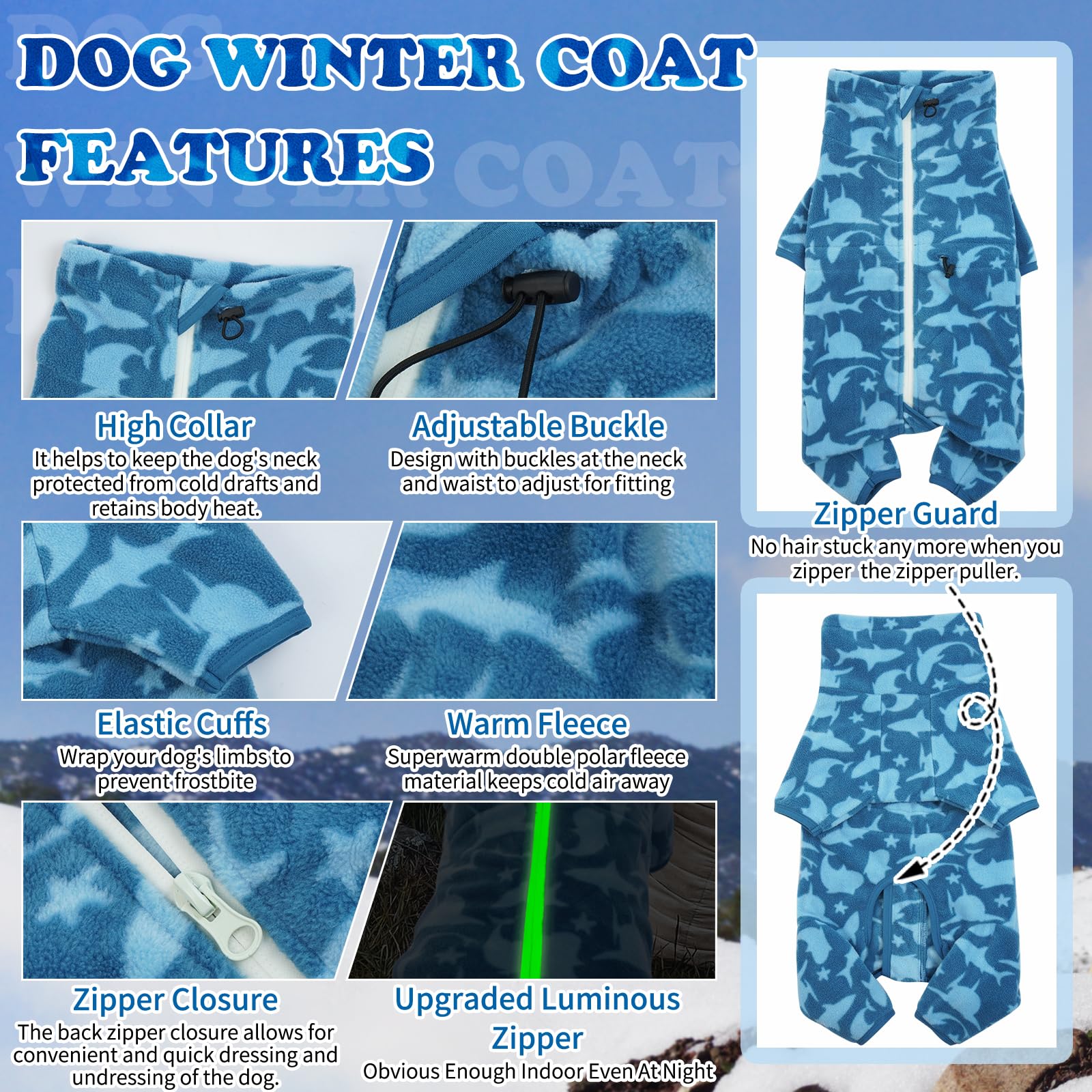 ROZKITCH Shark Dog Pajamas back zipper demonstrates easy on/off and night visibility.