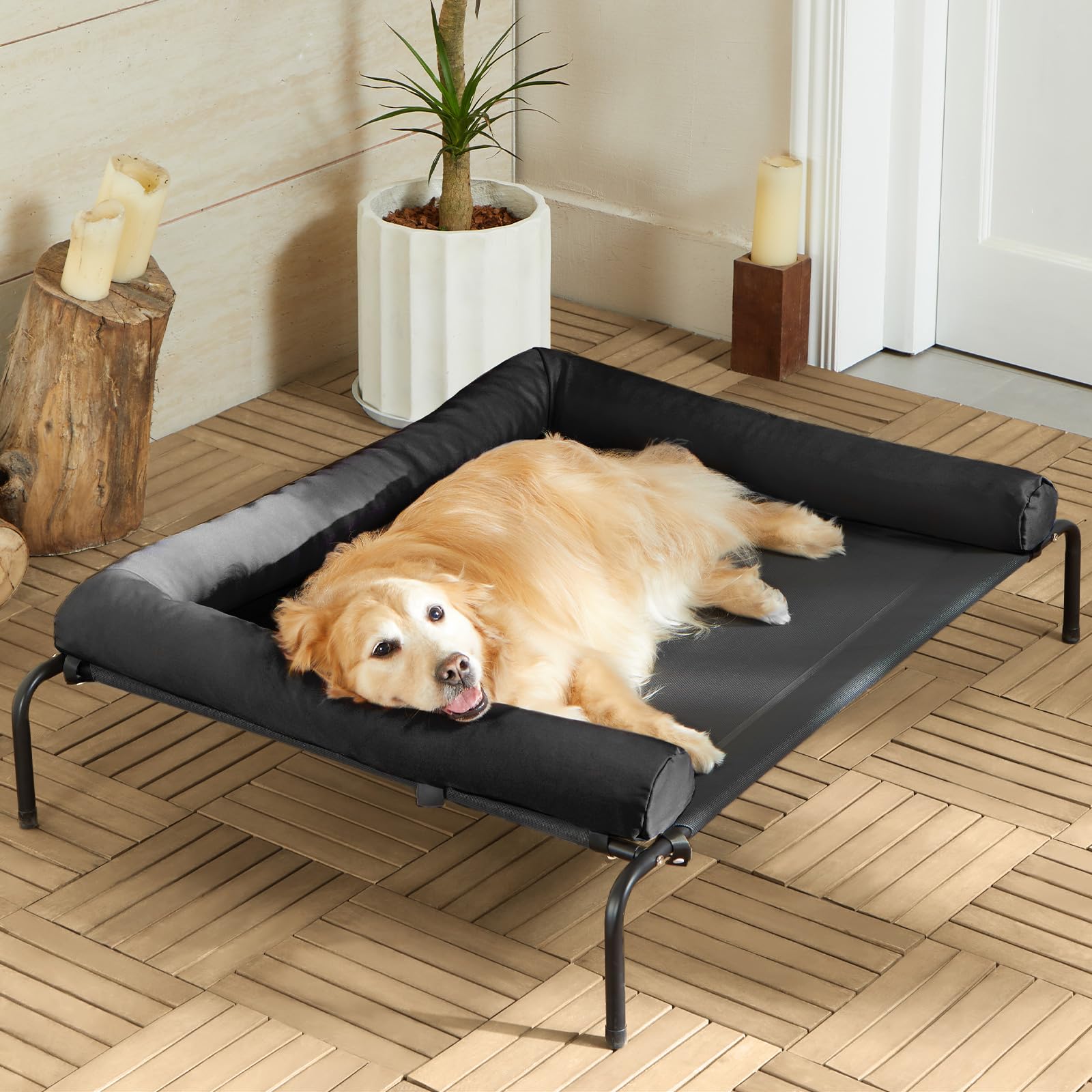 RRPETHOME cooling elevated dog bed assembly shows easy setup for indoors or outdoors
