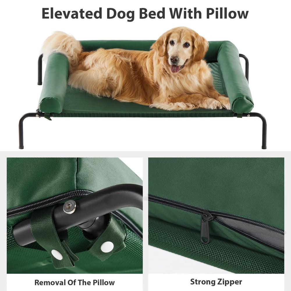 RRPETHOME cooling elevated bed with breathable mesh keeps pets cool outdoors.