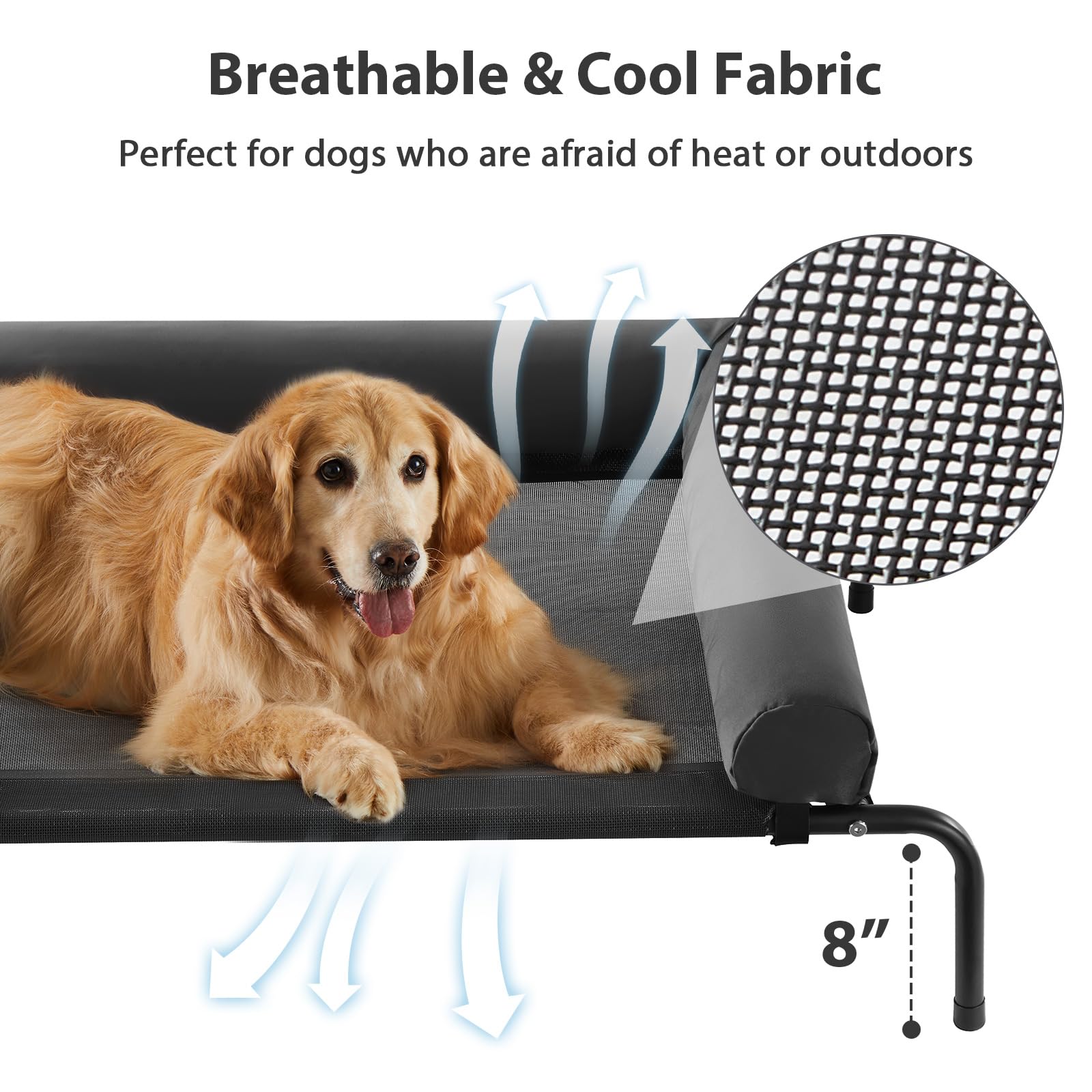 RRPETHOME cooling elevated dog bed with breathable mesh helps stay cool.