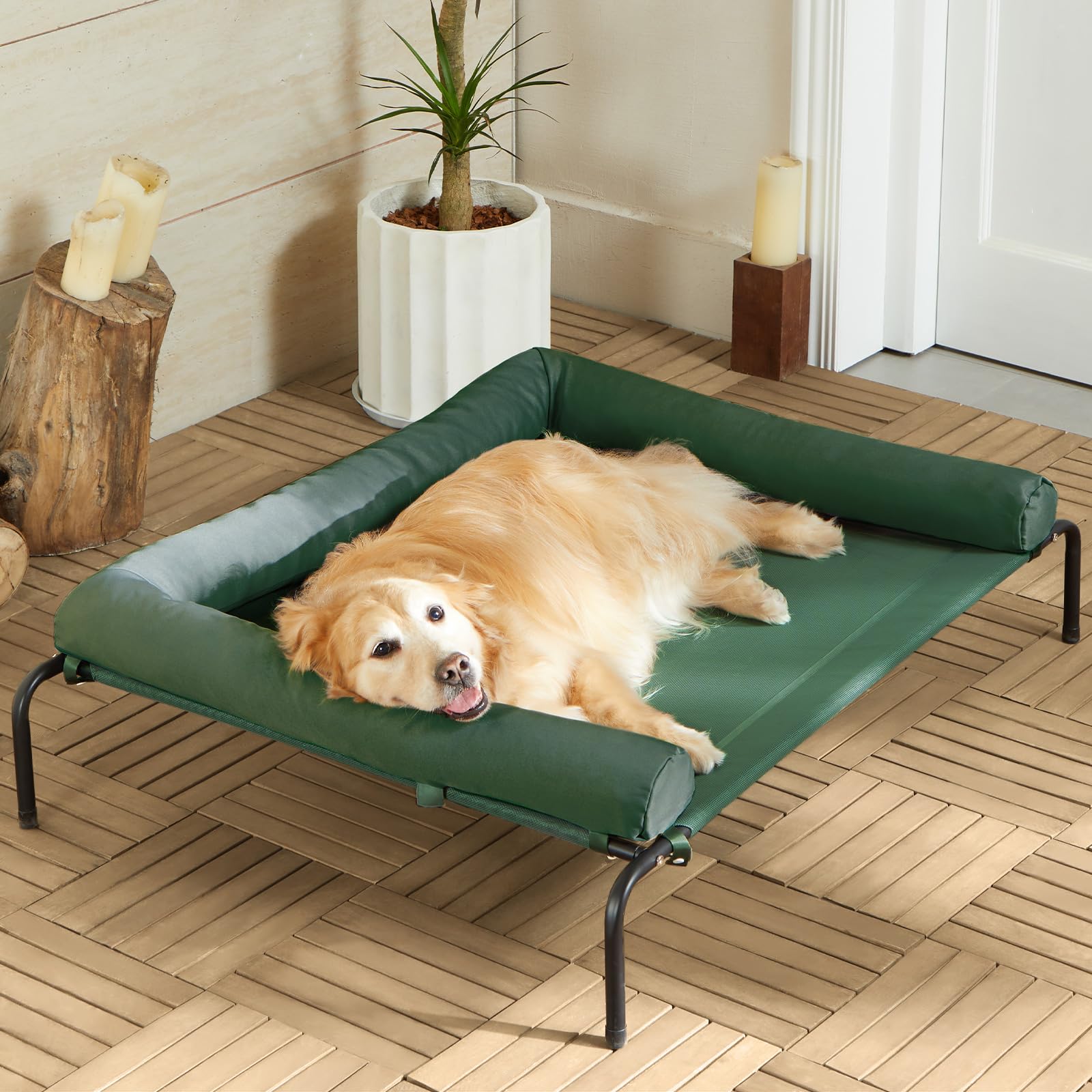 RRPETHOME cooling elevated dog bed mesh emphasizes breathable comfort for hot weather.