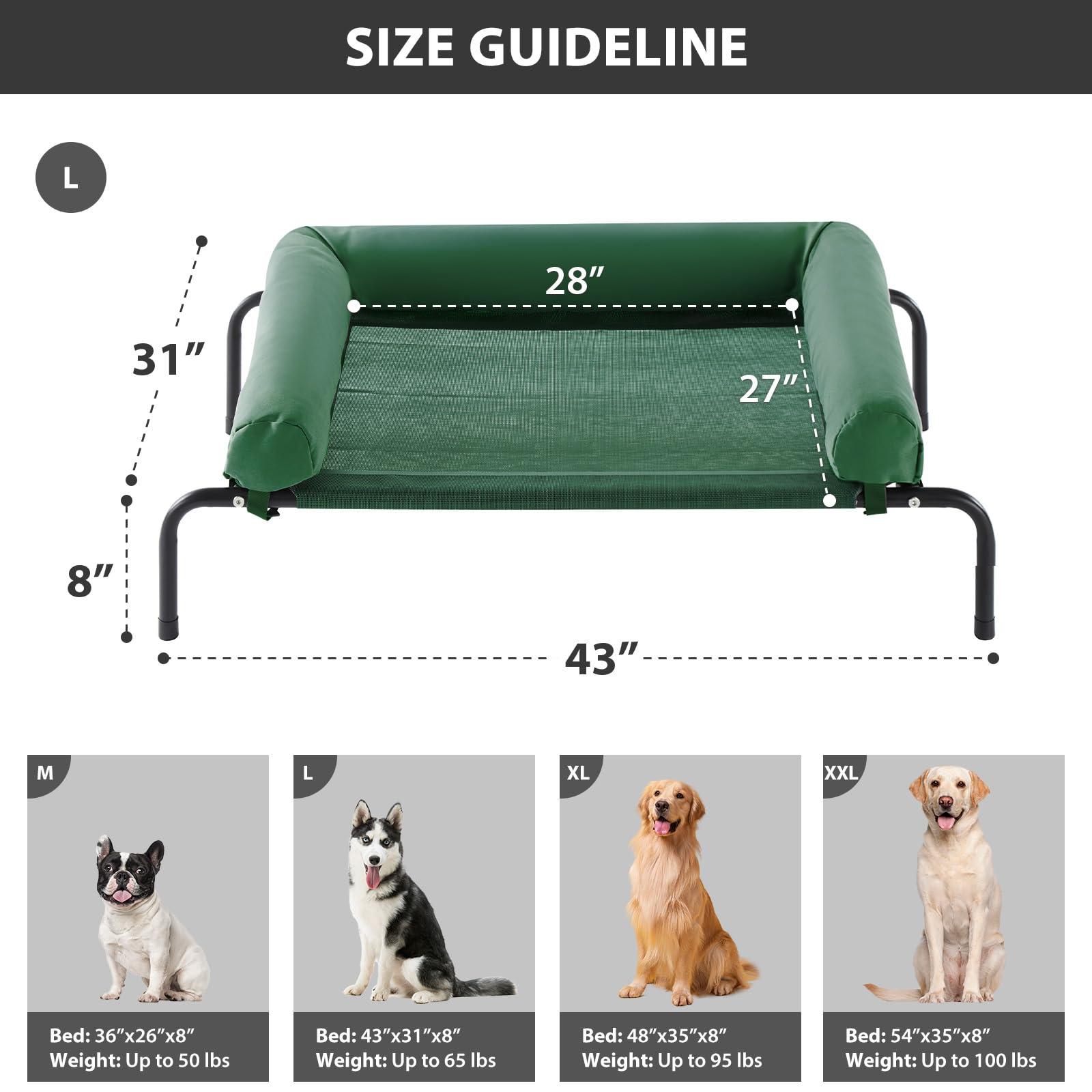 RRPETHOME large elevated bed frame and mesh detail highlight durability and airflow.