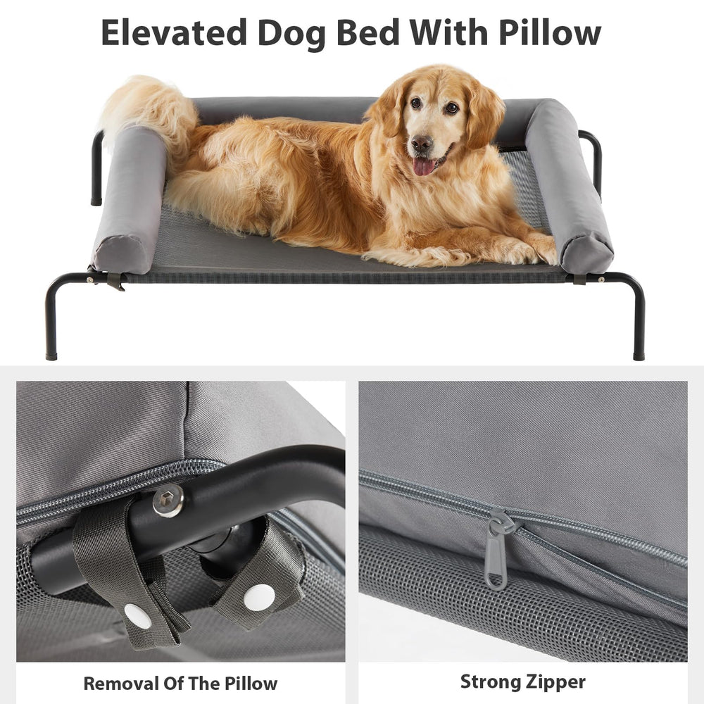 RRPETHOME Raised Outdoor Pet Cot shows non-slip feet protecting floors during play.